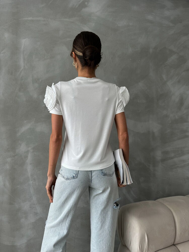Topshow Beyaz Omuzları Güllü Toptan T Shirt