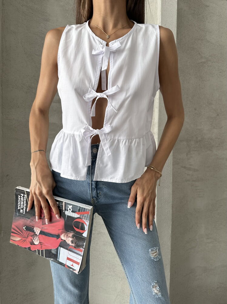 Topshow Beyaz Önden Baglamalı Toptan Bluz