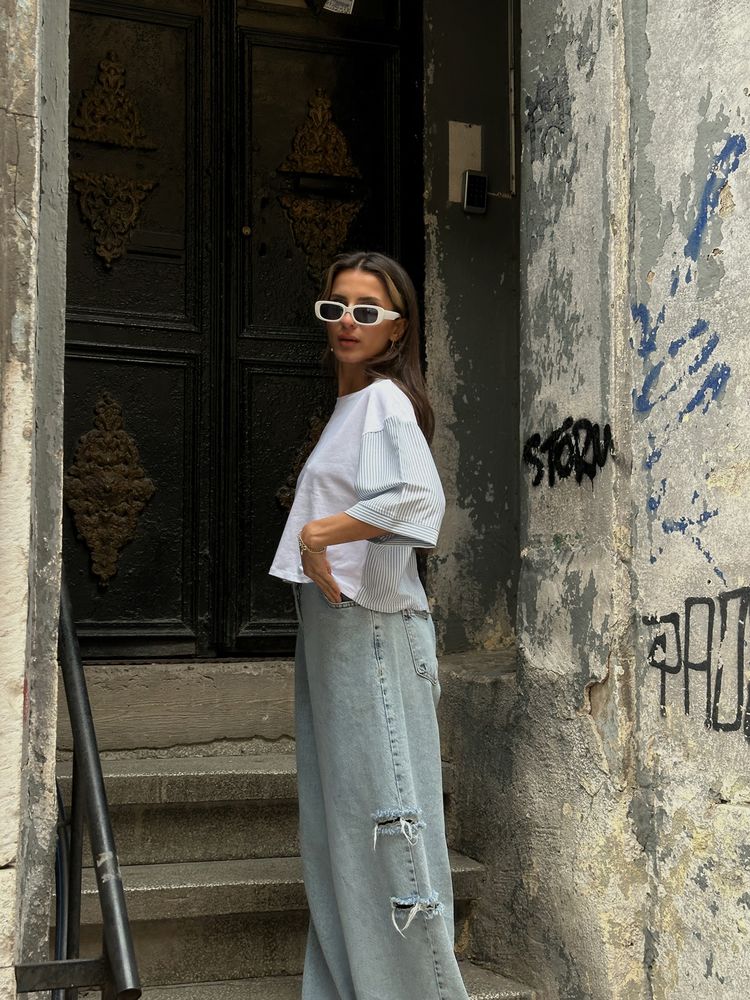 Topshow Beyaz Mavi Garnili Crop Toptan Bluz
