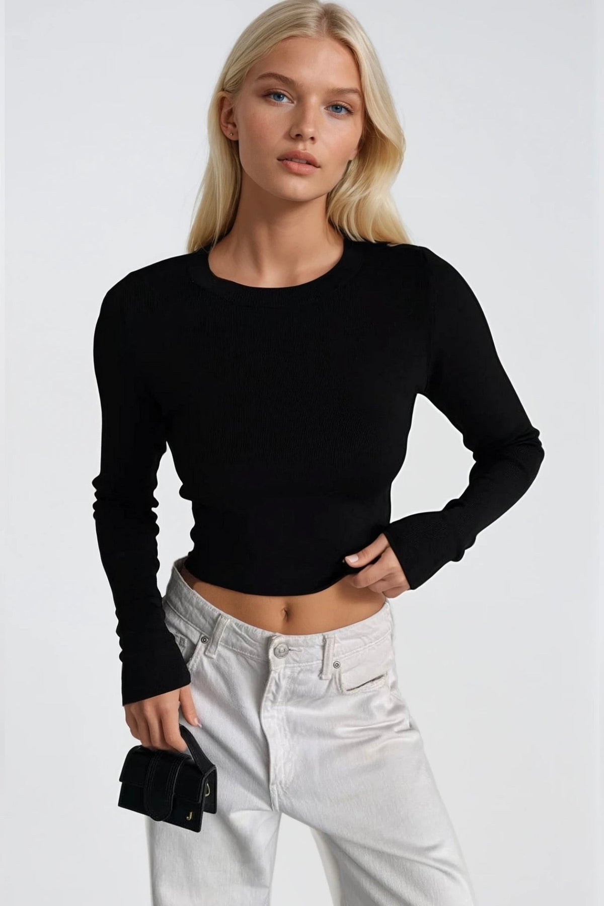Bisiklet Yaka Basic Triko Bluz - Beyaz