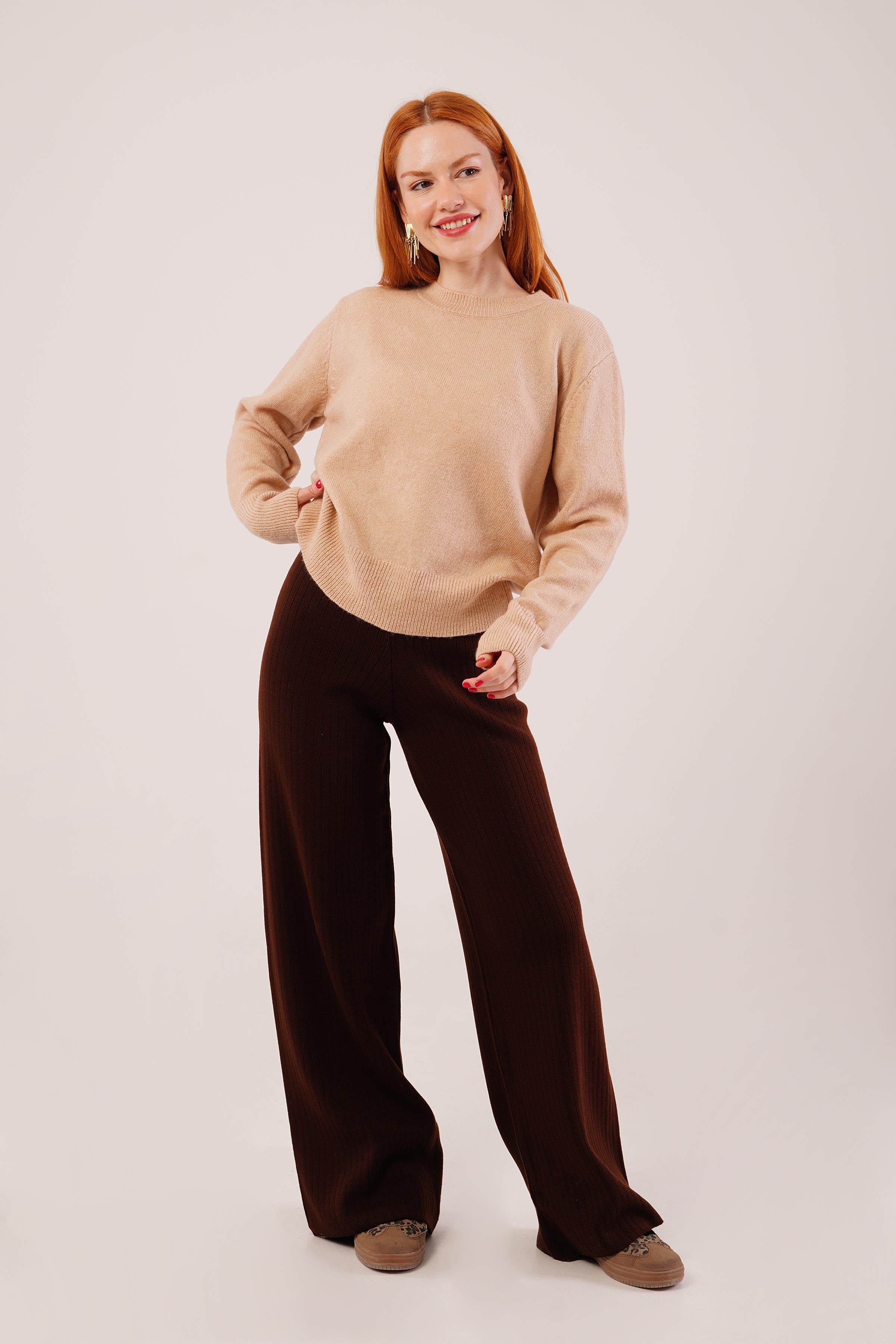 Bisiklet Yaka Düz Model Camel Triko Toptan Kazak