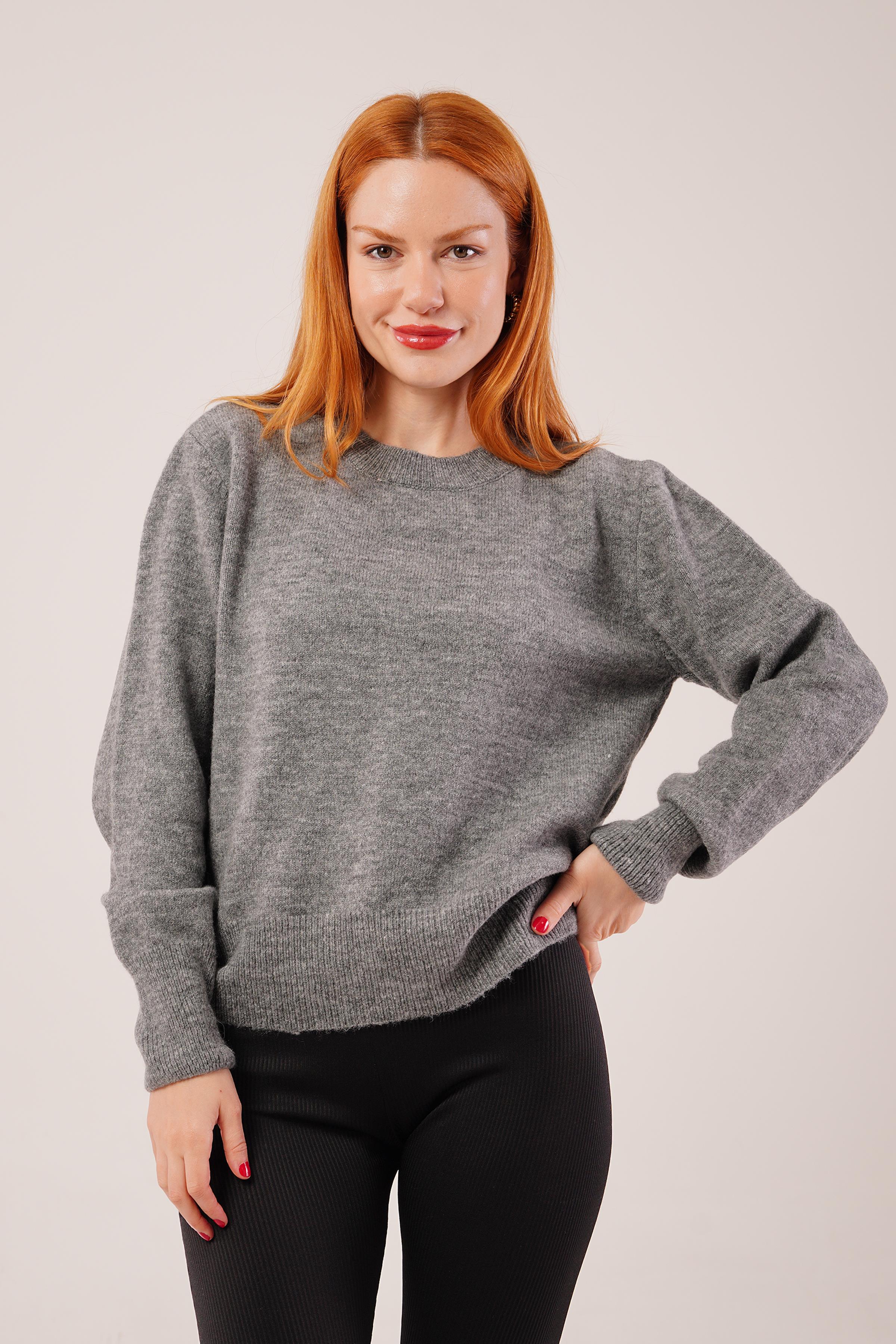 Bisiklet Yaka Düz Model Gri Triko Toptan Kazak Gri STD