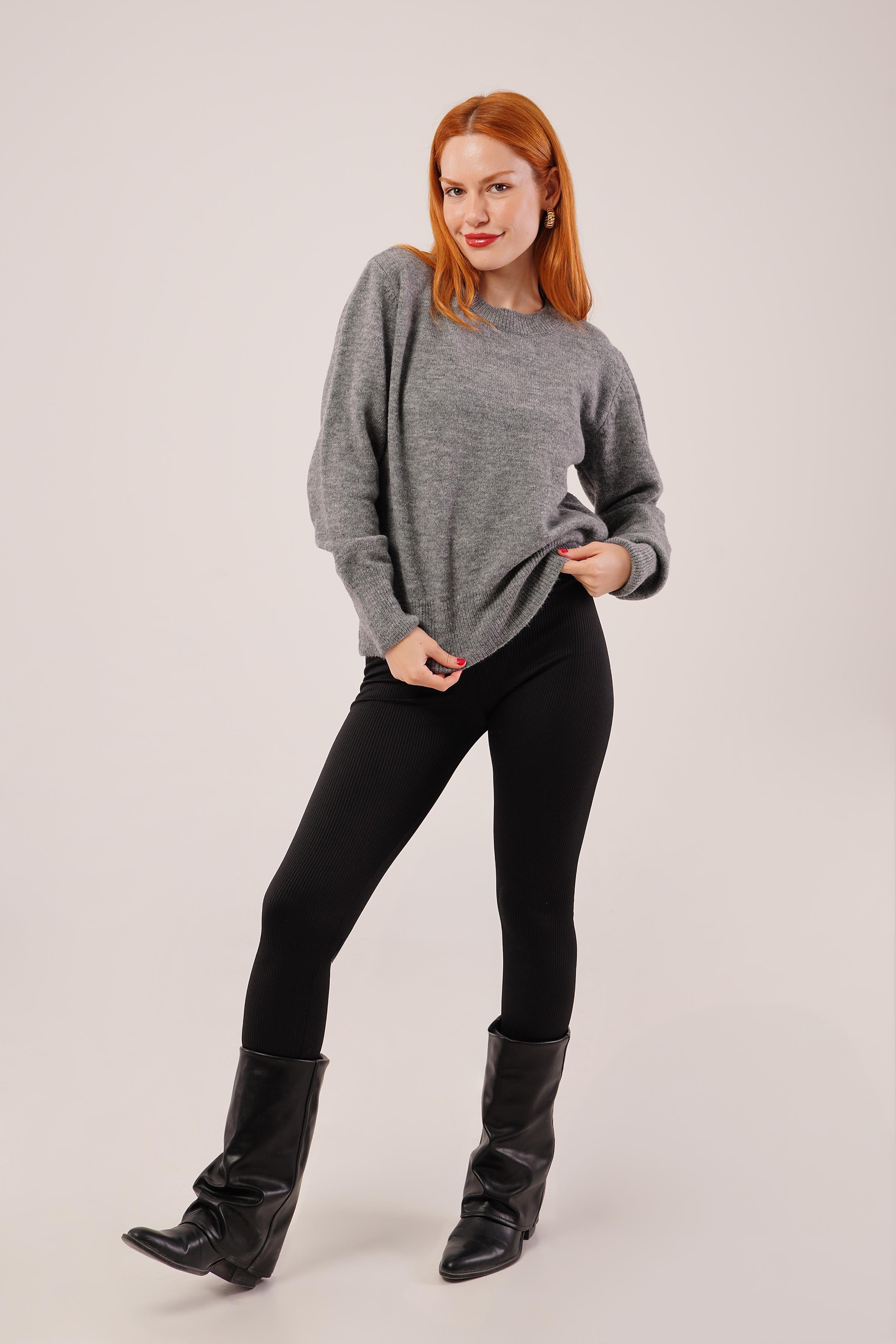 Bisiklet Yaka Düz Model Gri Triko Toptan Kazak