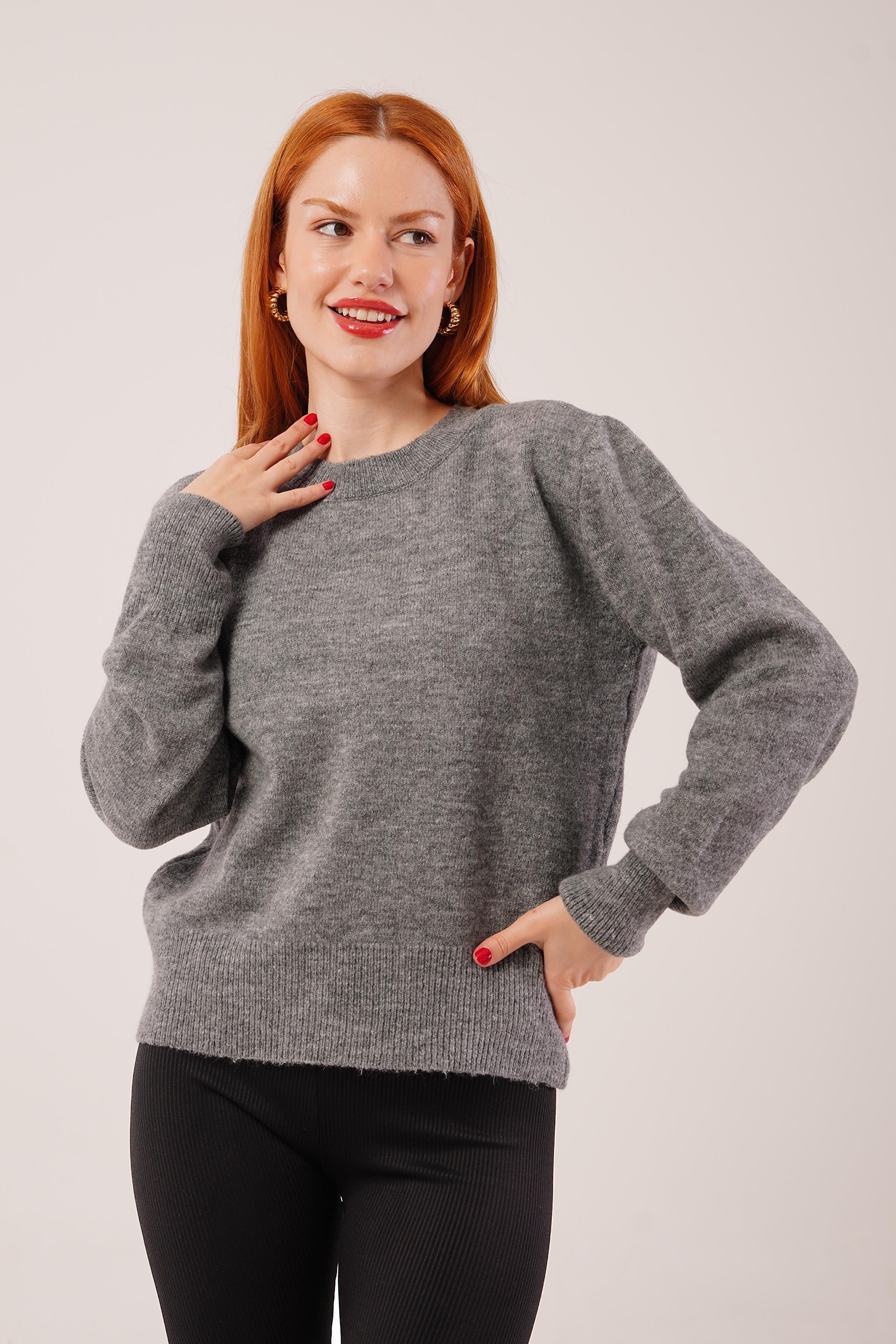 Bisiklet Yaka Düz Model Gri Triko Toptan Kazak