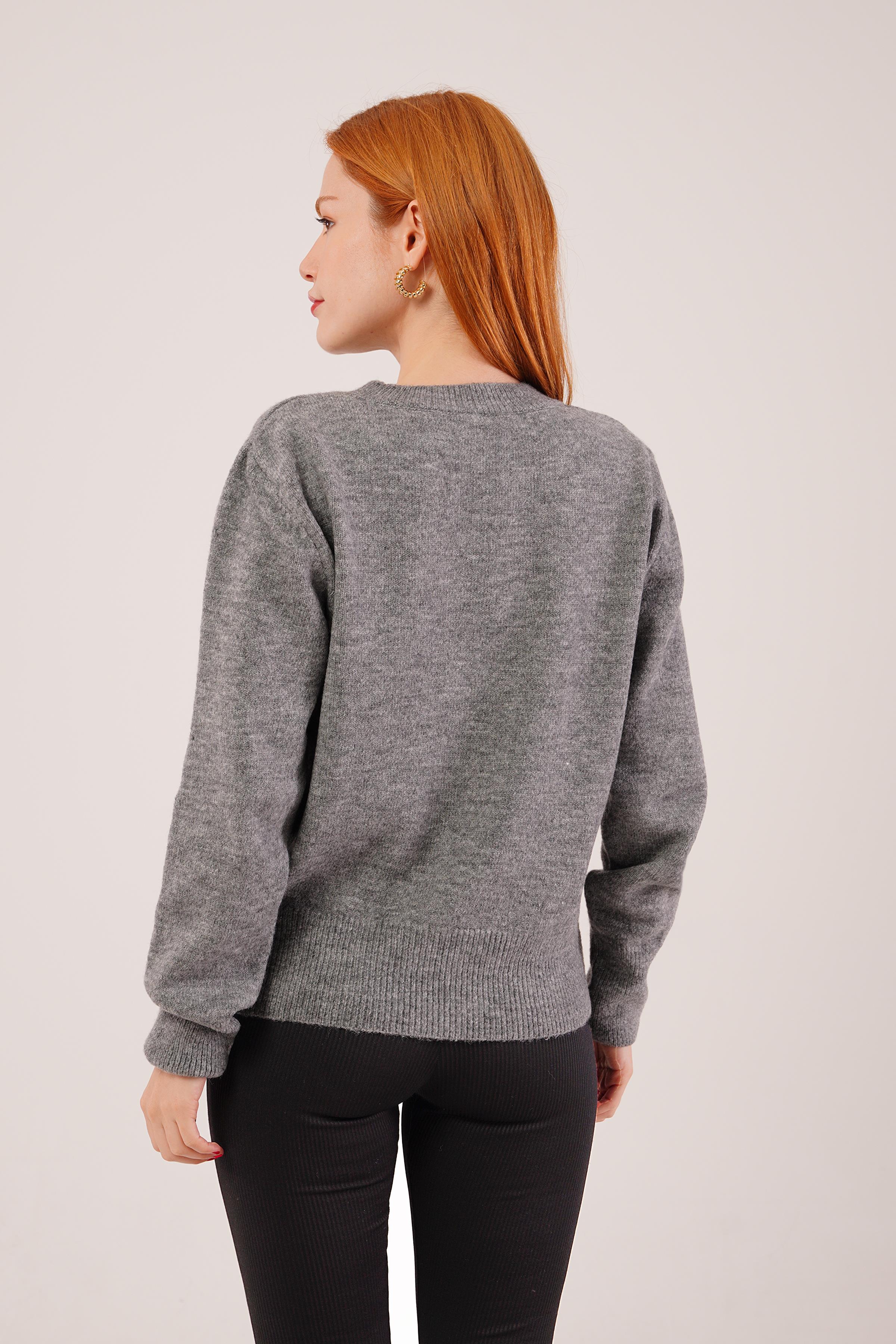 Bisiklet Yaka Düz Model Gri Triko Toptan Kazak