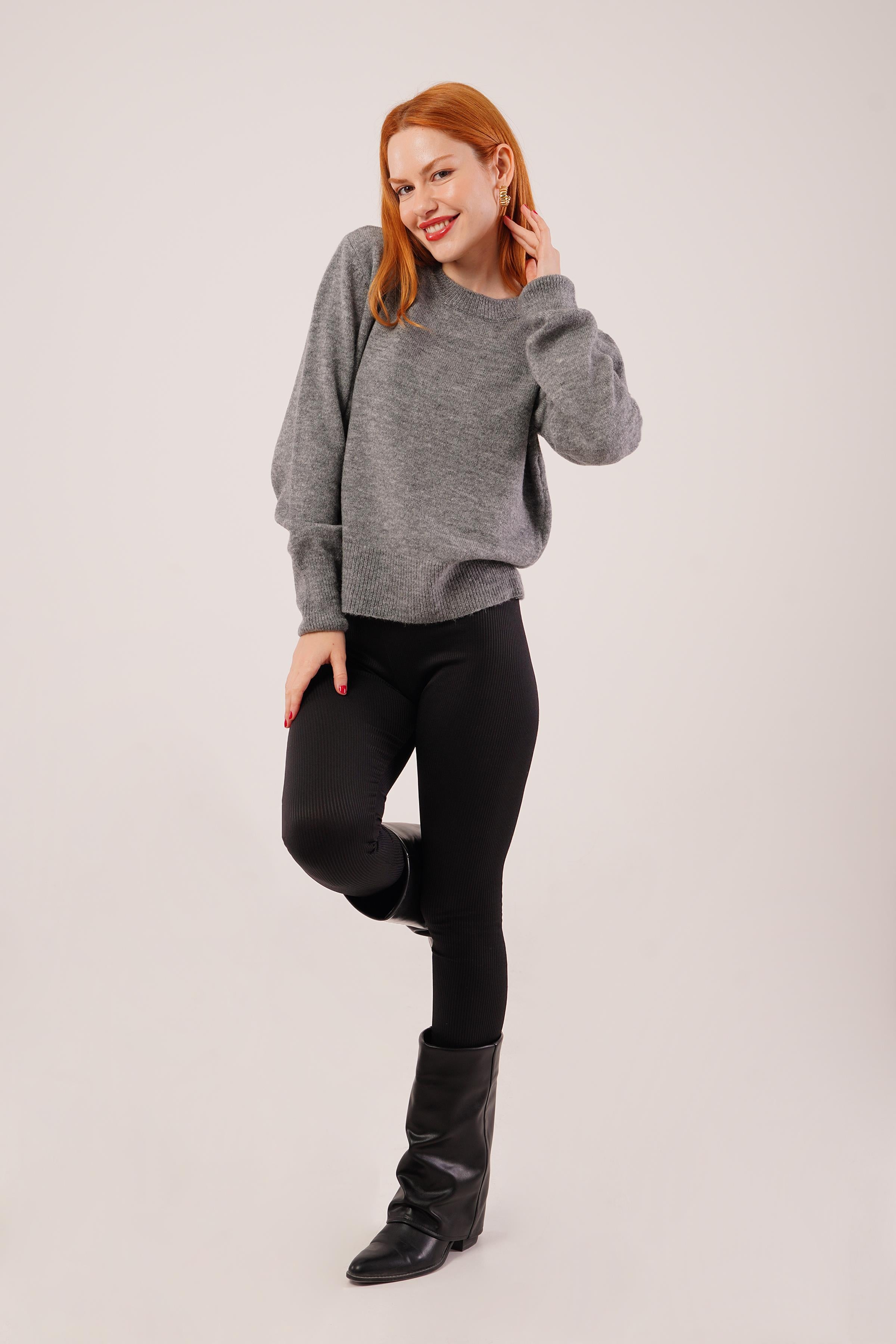 Bisiklet Yaka Düz Model Gri Triko Toptan Kazak