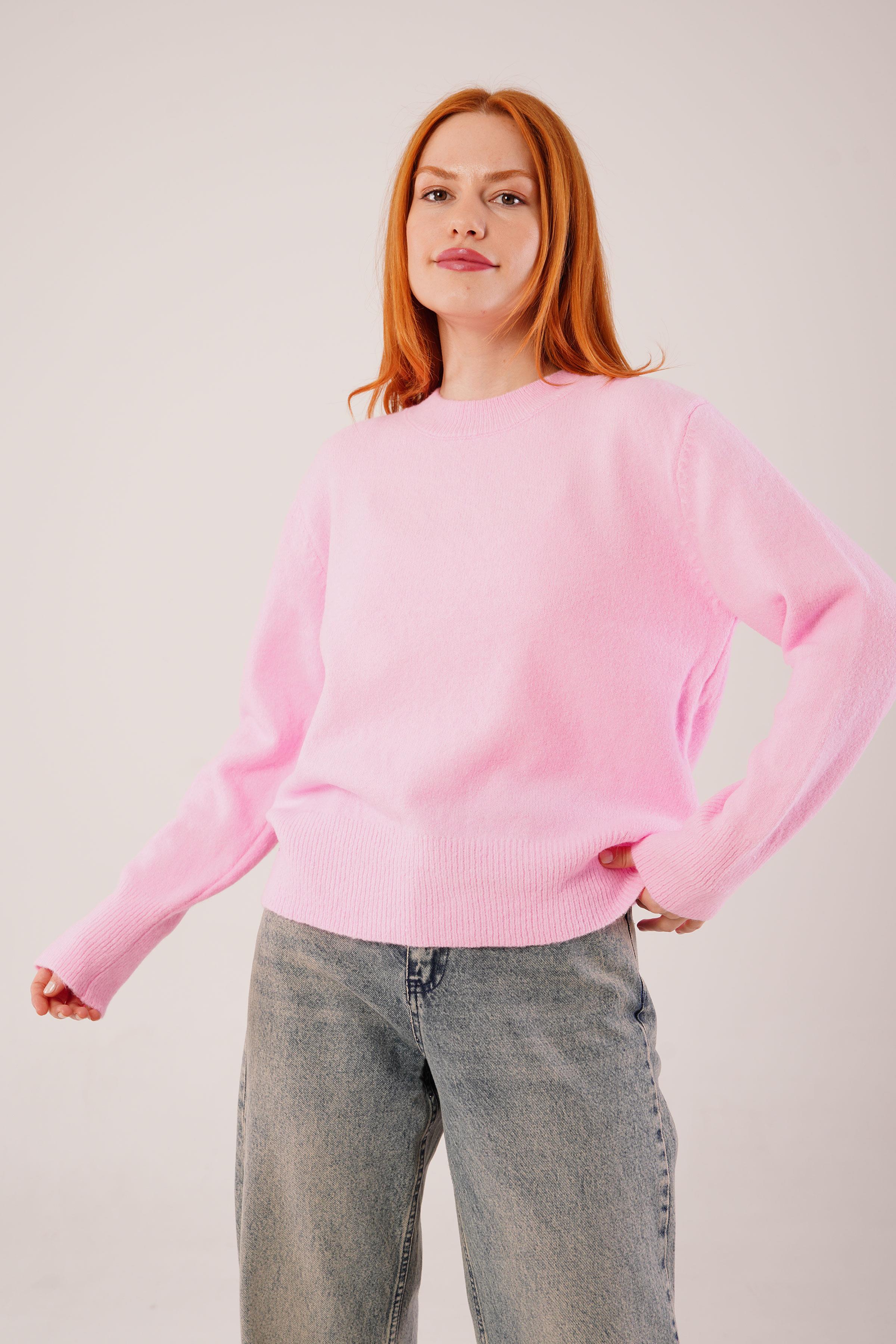 Bisiklet Yaka Düz Model Pembe Triko Toptan Kazak Pembe STD