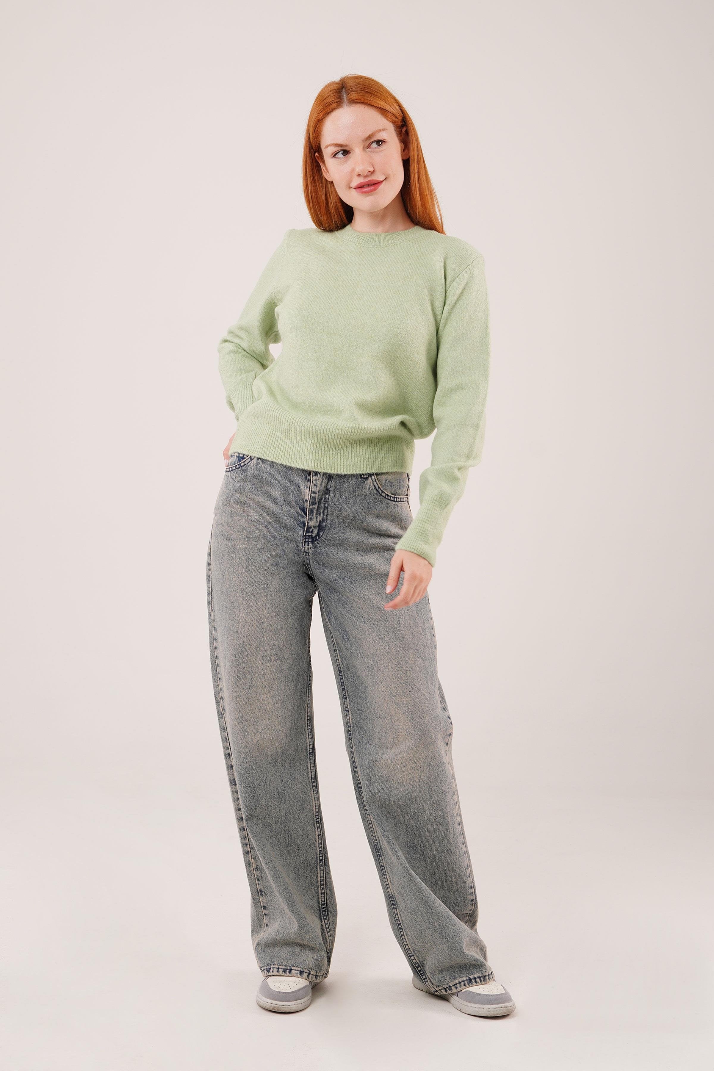 Bisiklet Yaka Düz Model Toptan Fıstık Yeşili Kazak