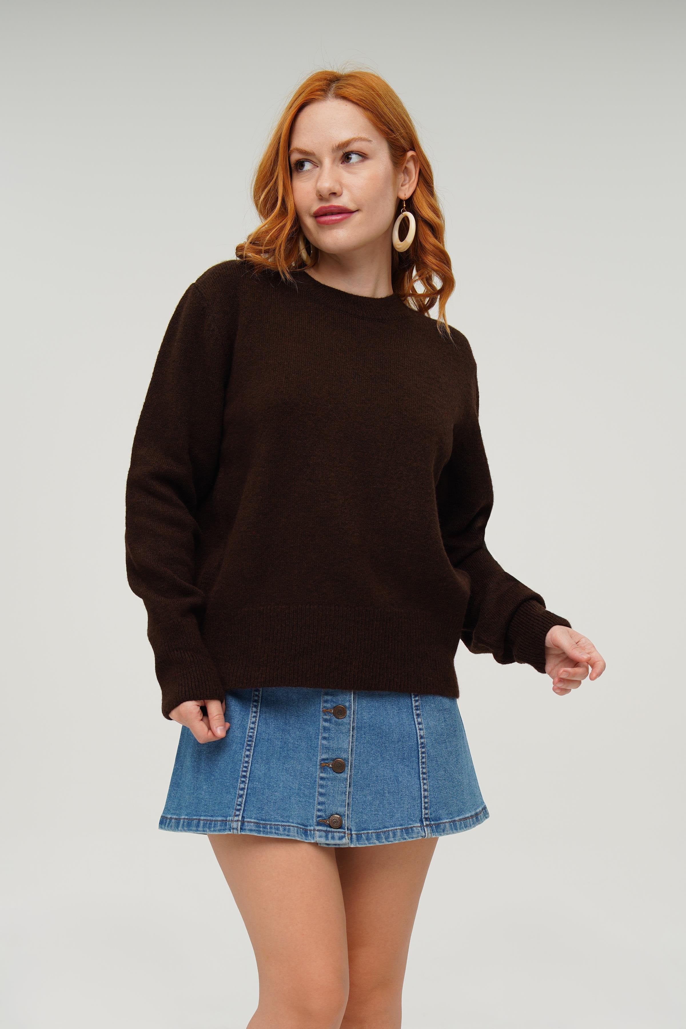 Bisiklet Yaka Düz Model Toptan Kahverengi Kazak Kahverengi STD