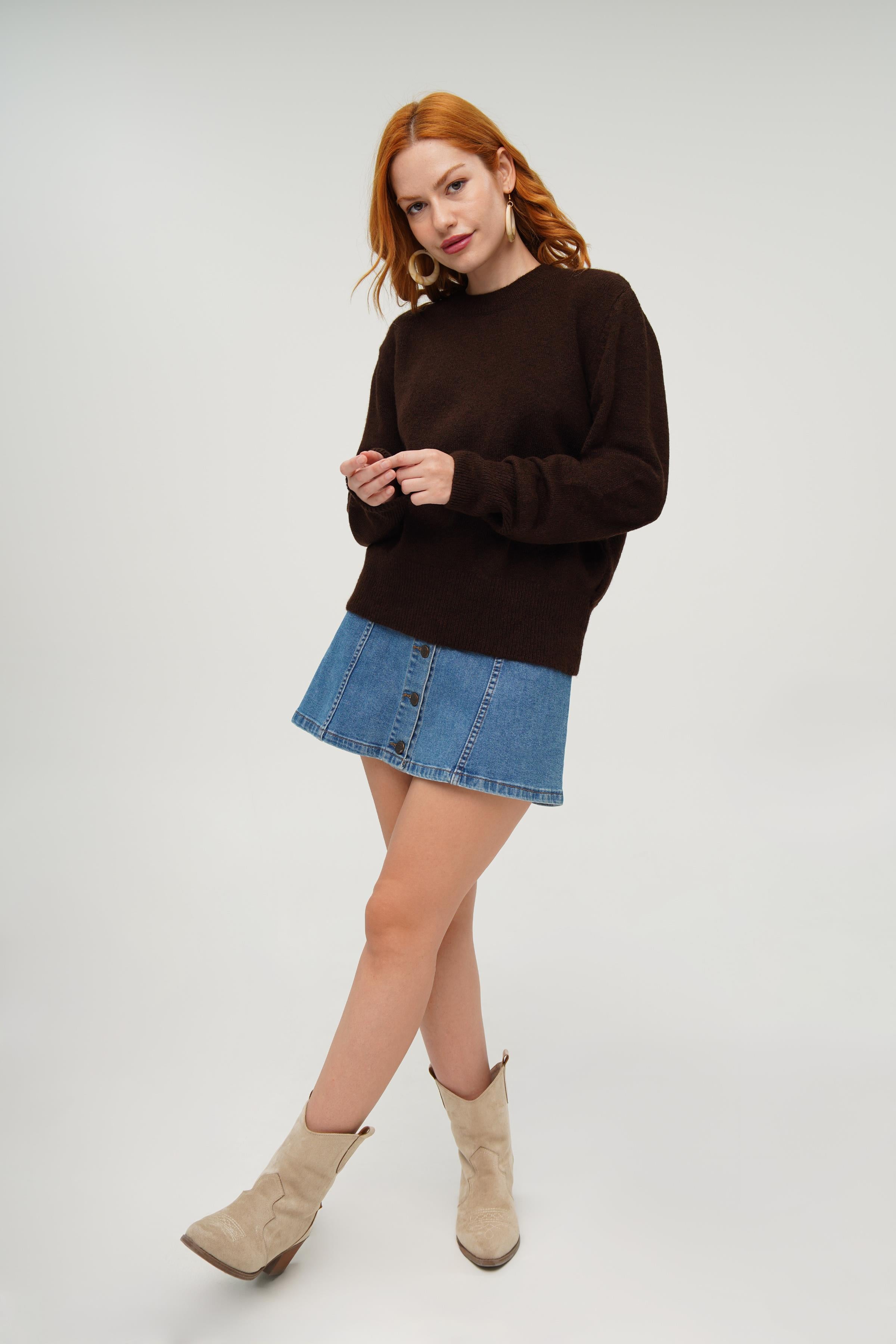 Bisiklet Yaka Düz Model Toptan Kahverengi Kazak