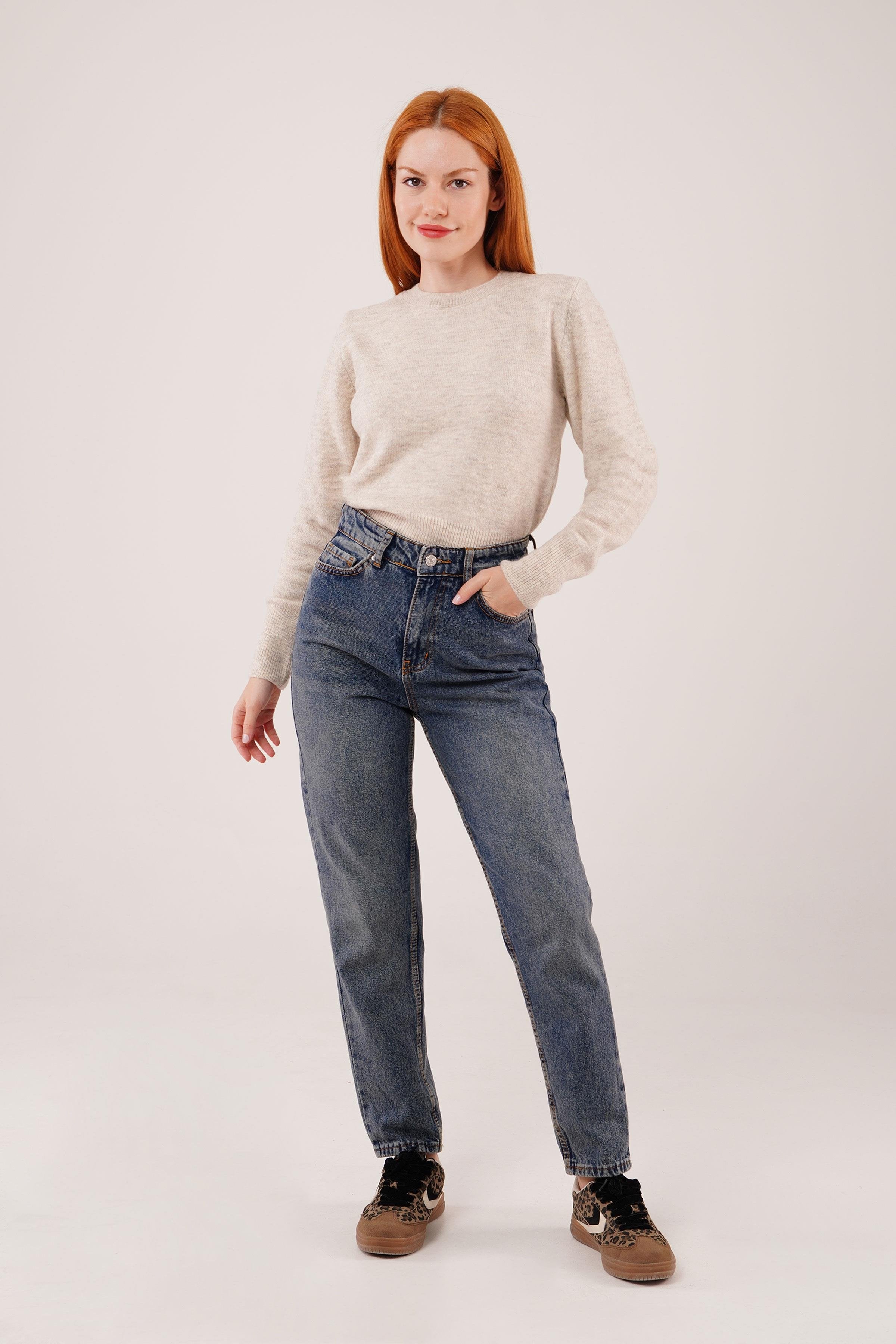 Bisiklet Yaka Düz Model Toptan Taş Kazak