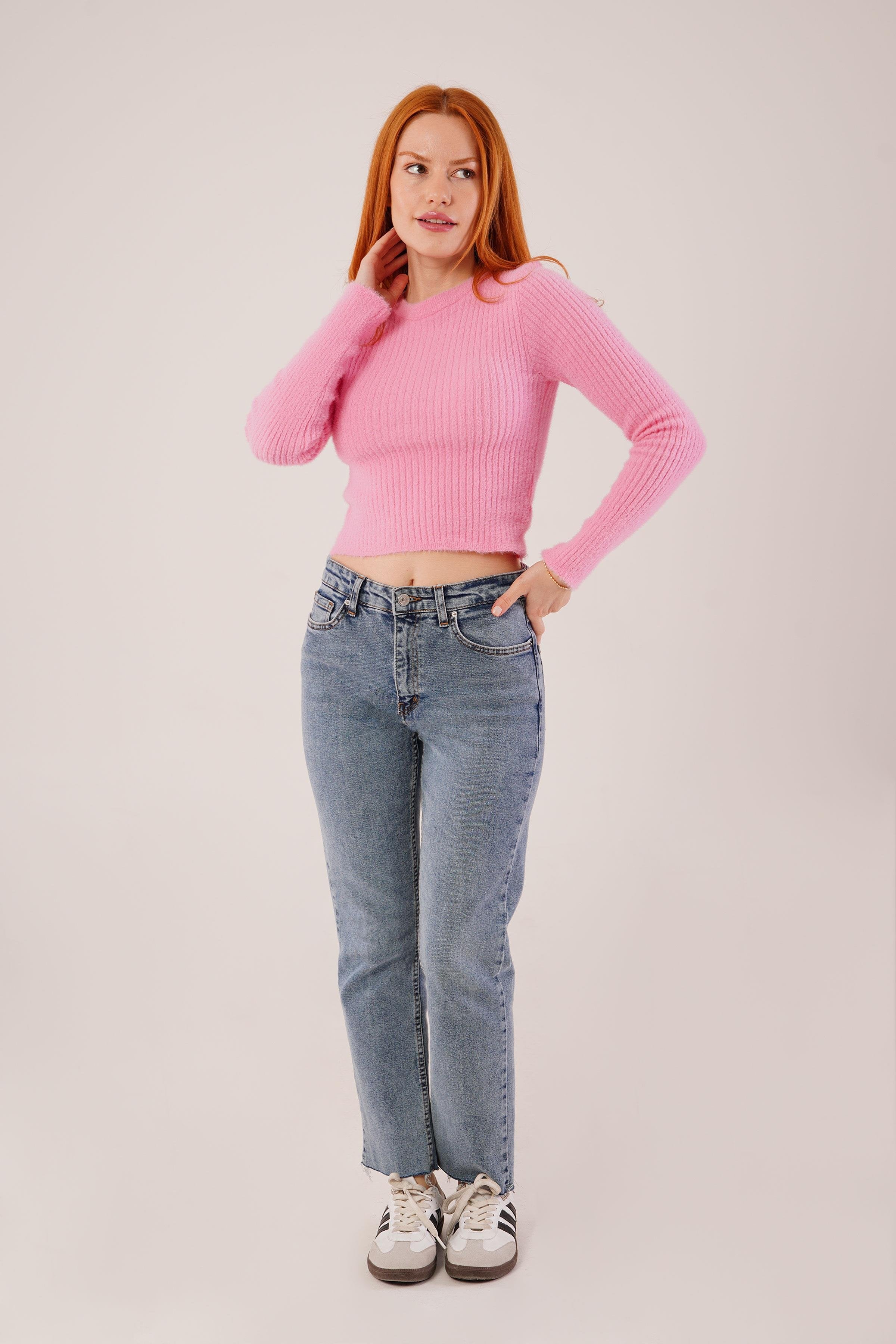 Bisiklet Yaka Yumoş Pembe Toptan Kazak