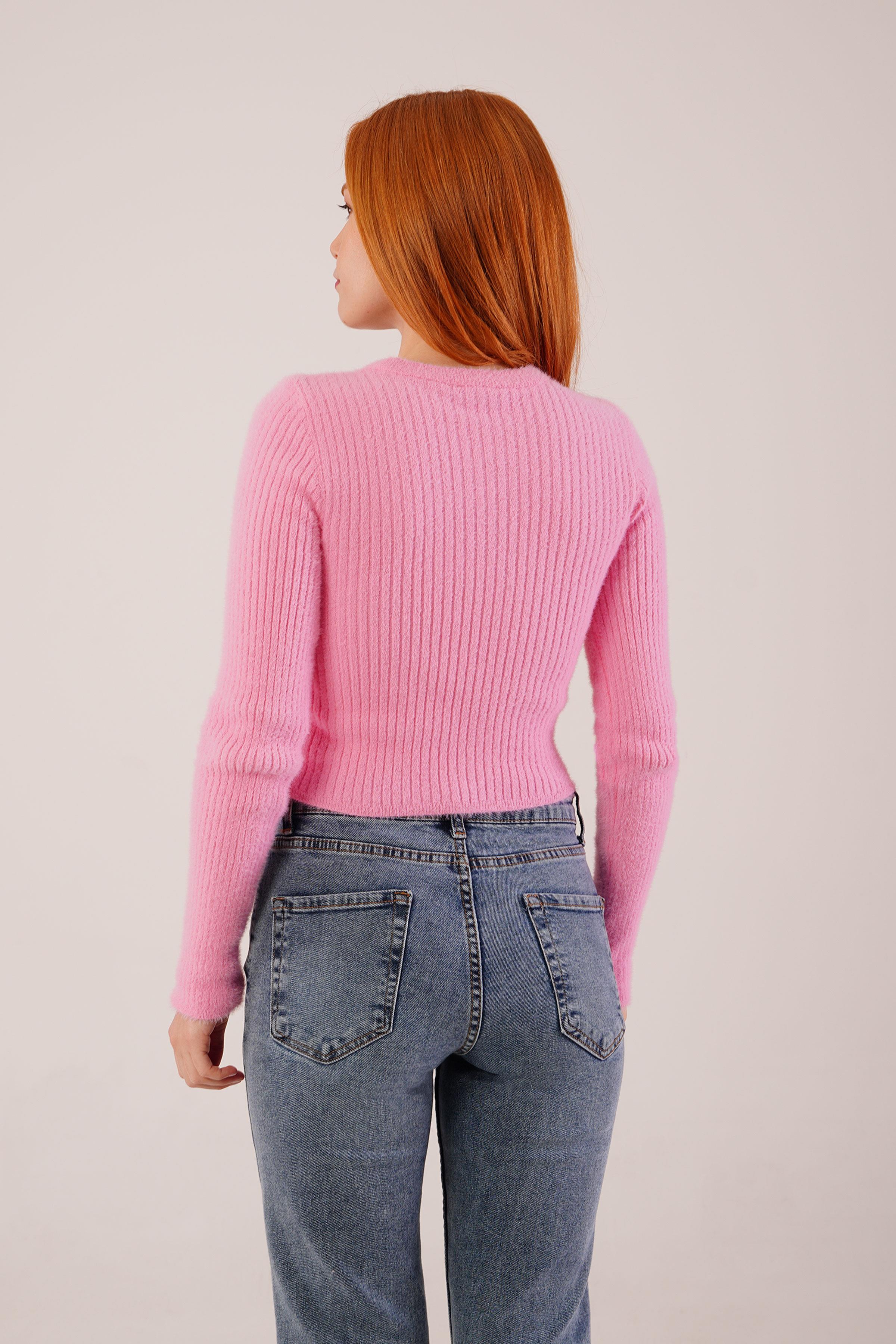 Bisiklet Yaka Yumoş Pembe Toptan Kazak