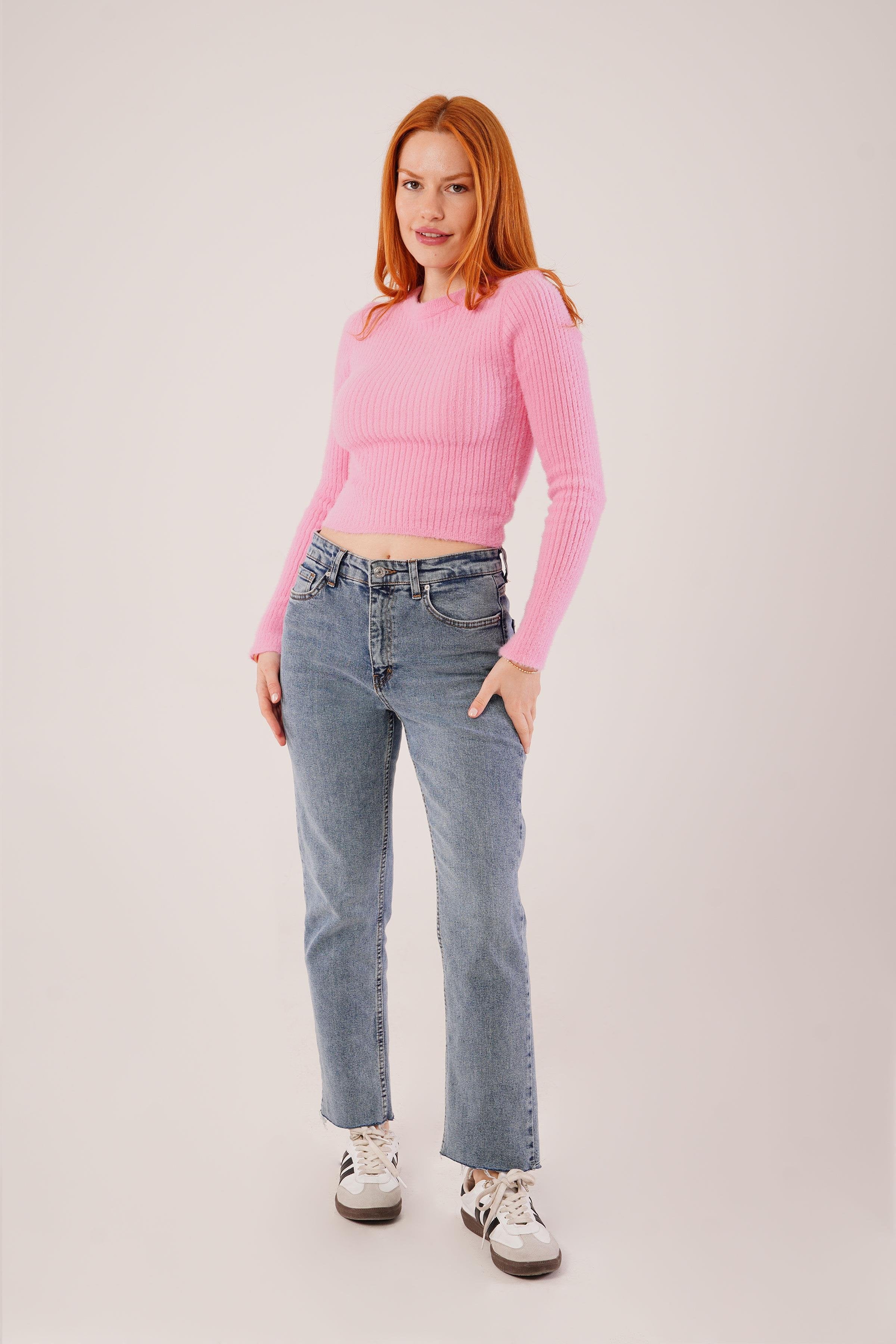 Bisiklet Yaka Yumoş Pembe Toptan Kazak