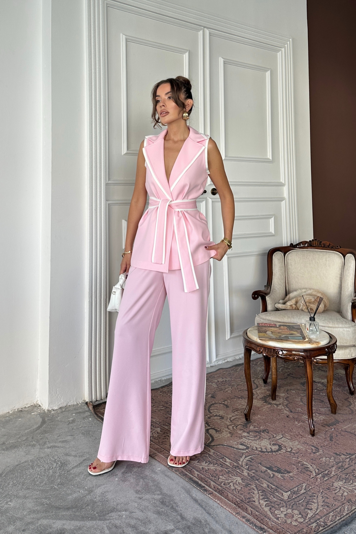 BİYE DETAYLI YELEK - PANTOLON TK KEMER DETAYLI - Pembe