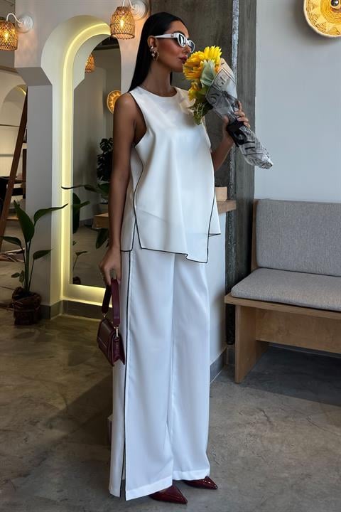 Biye ve Asimetrik Detaylı Salaş Takım 10132 BEYAZ L