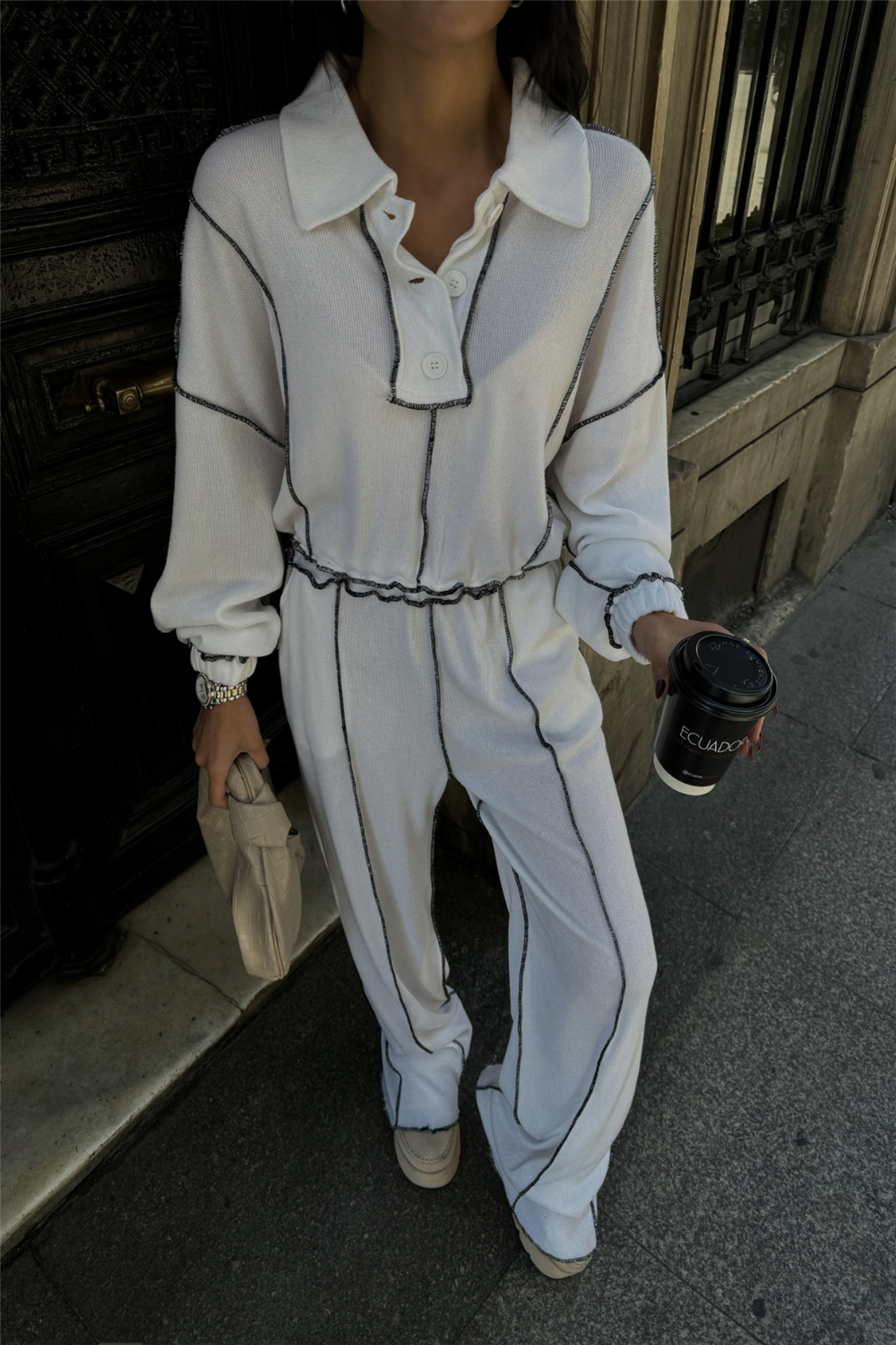 BİYELİ BLUZ PANTOLON TAKIM ŞÖNİL KUMAŞ - Beyaz