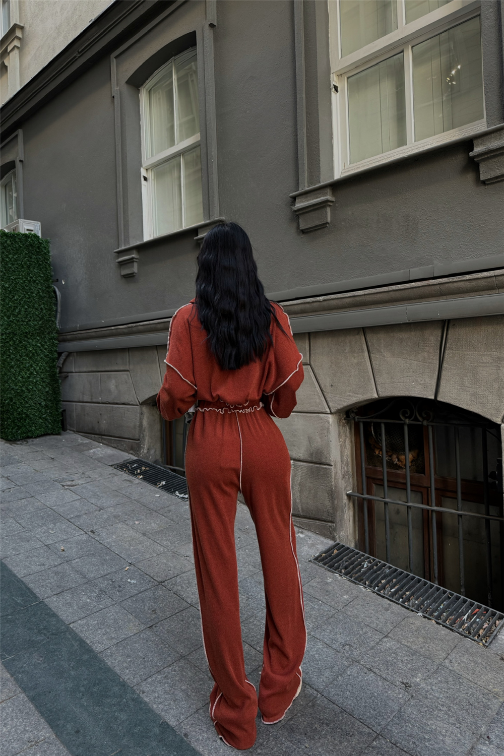 BİYELİ BLUZ PANTOLON TAKIM ŞÖNİL KUMAŞ - Kiremit