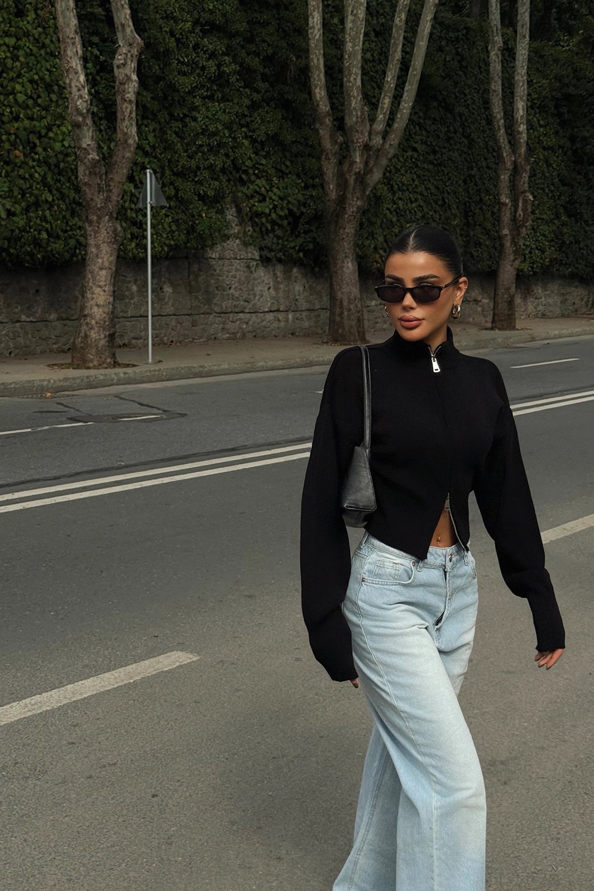 Siyah Balboa Çift Fermuarlı Triko Hırka