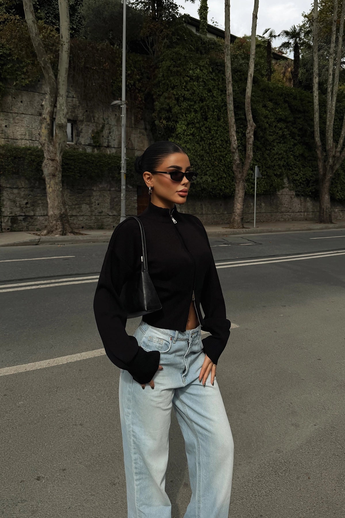 Siyah Balboa Çift Fermuarlı Triko Hırka