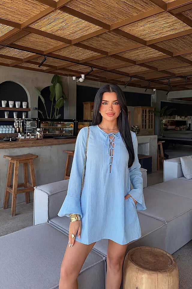 Mavi Uzun Kol Önden Bağlamalı Elbise
