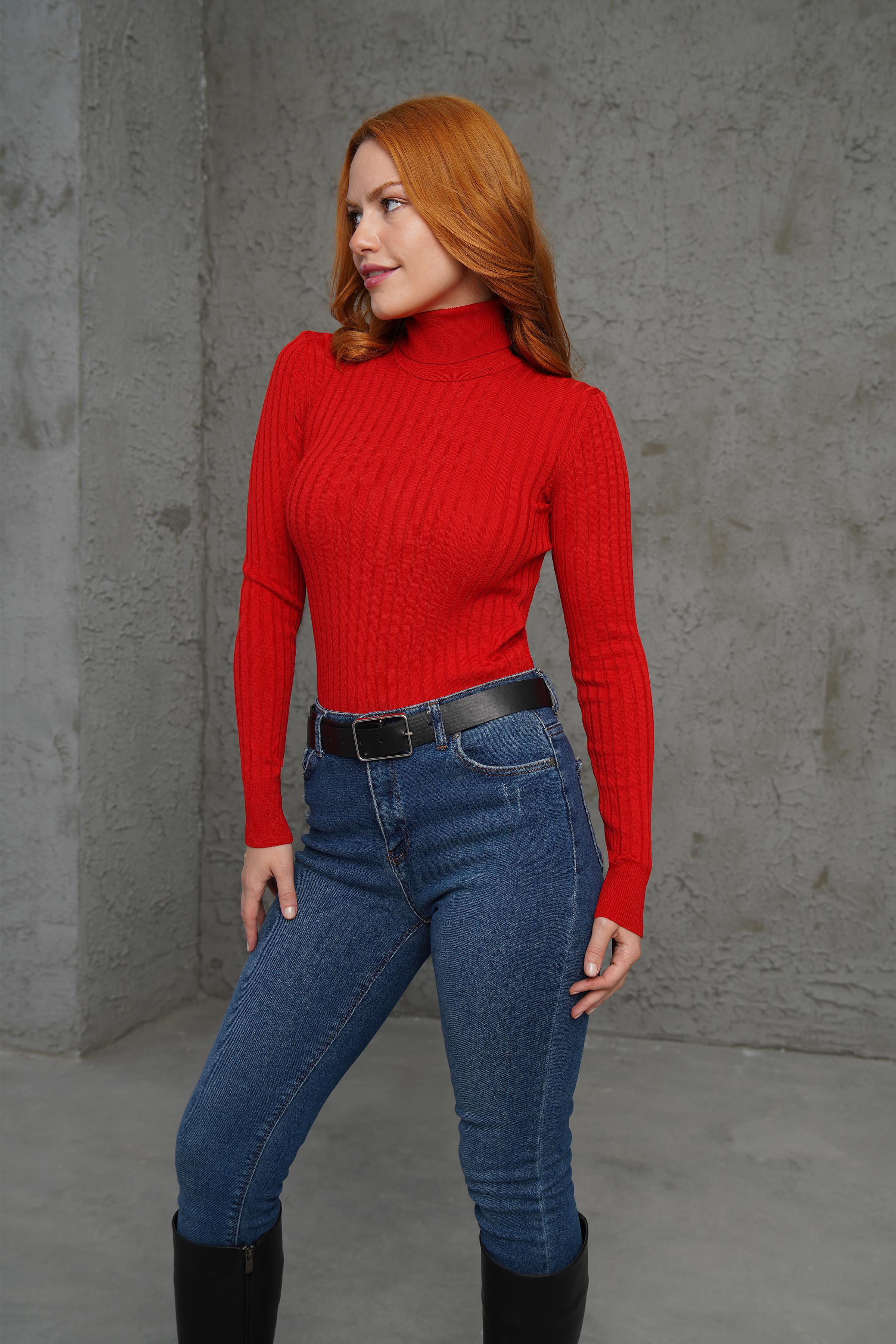 Boğazlı Fitil Detaylı Toptan Triko Kırmızı Kazak Kırmızı STD