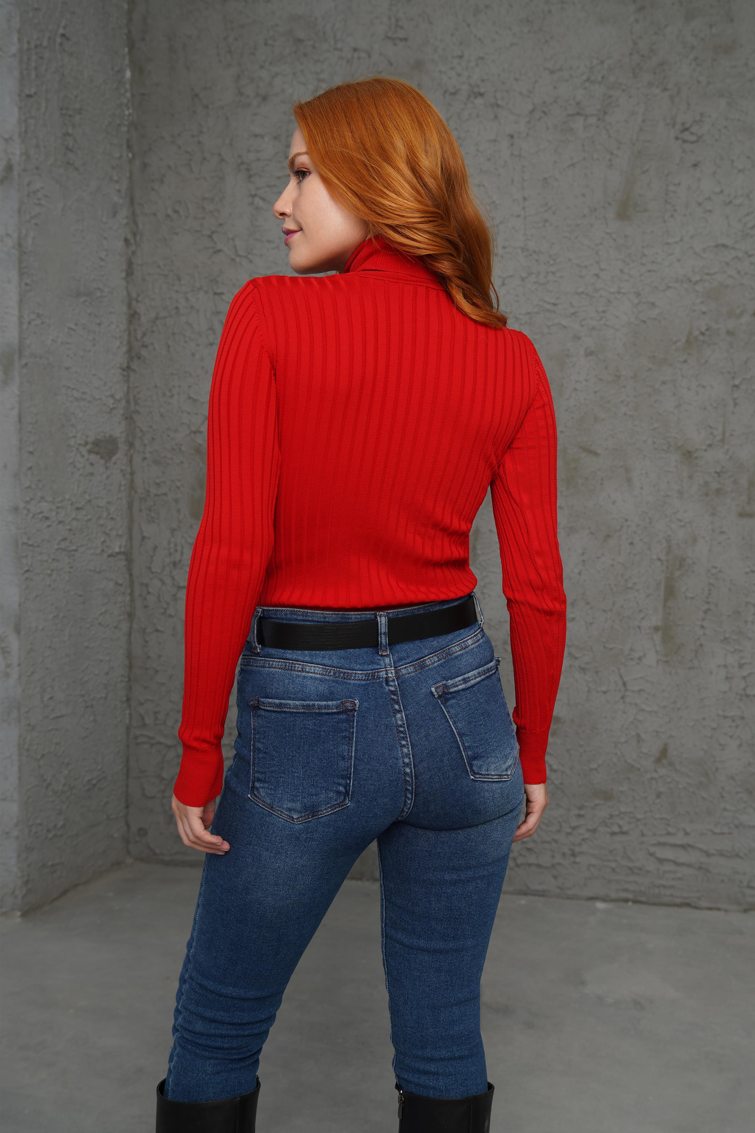 Boğazlı Fitil Detaylı Toptan Triko Kırmızı Kazak