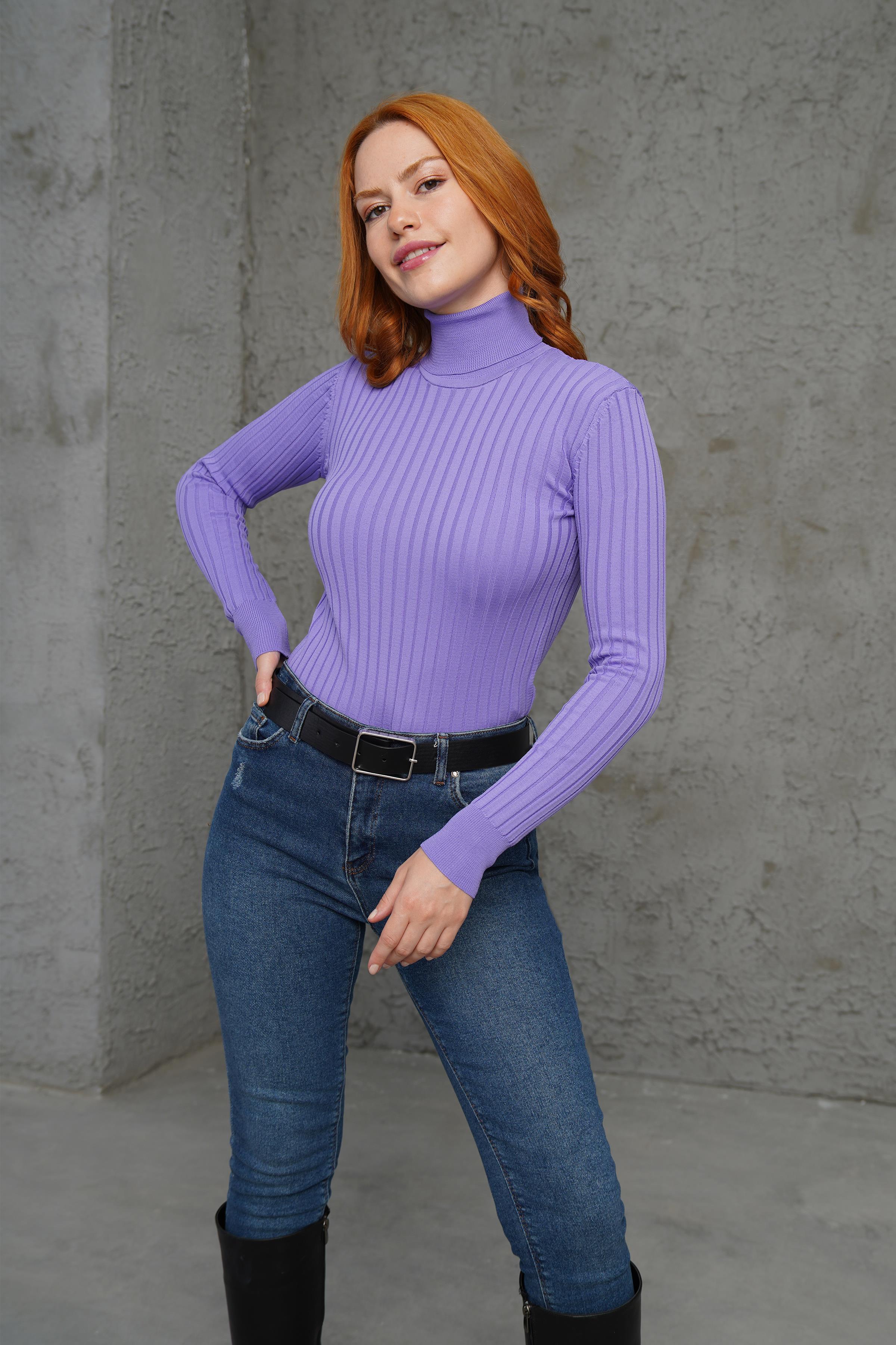 Boğazlı Fitil Detaylı Toptan Triko Lila Kazak Lila STD