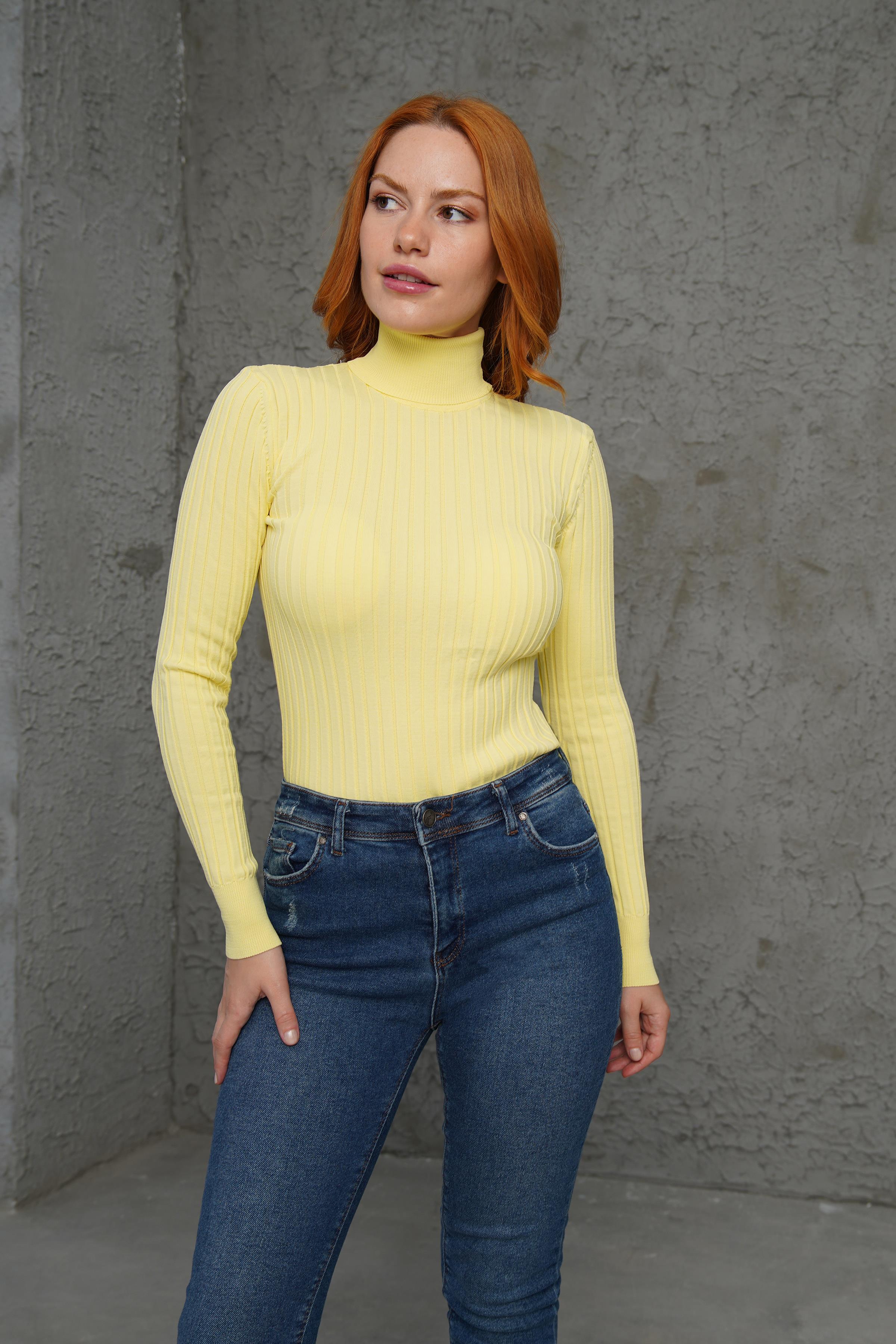 Boğazlı Fitil Detaylı Toptan Triko Sarı Kazak Sarı STD