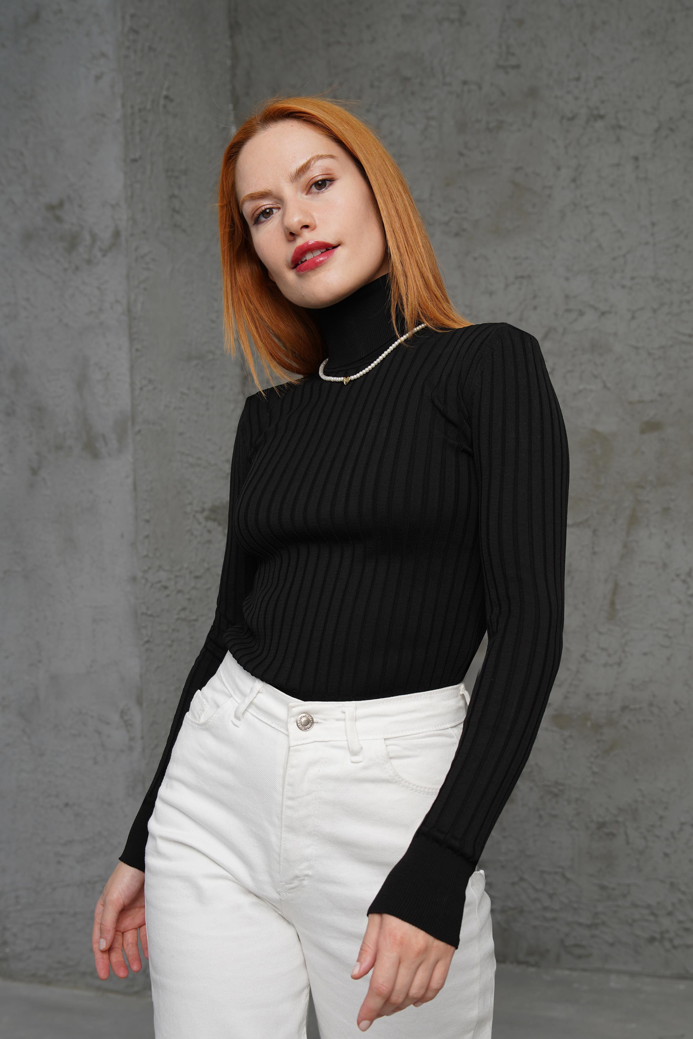 Boğazlı Fitil Detaylı Toptan Triko Siyah Kazak Siyah STD