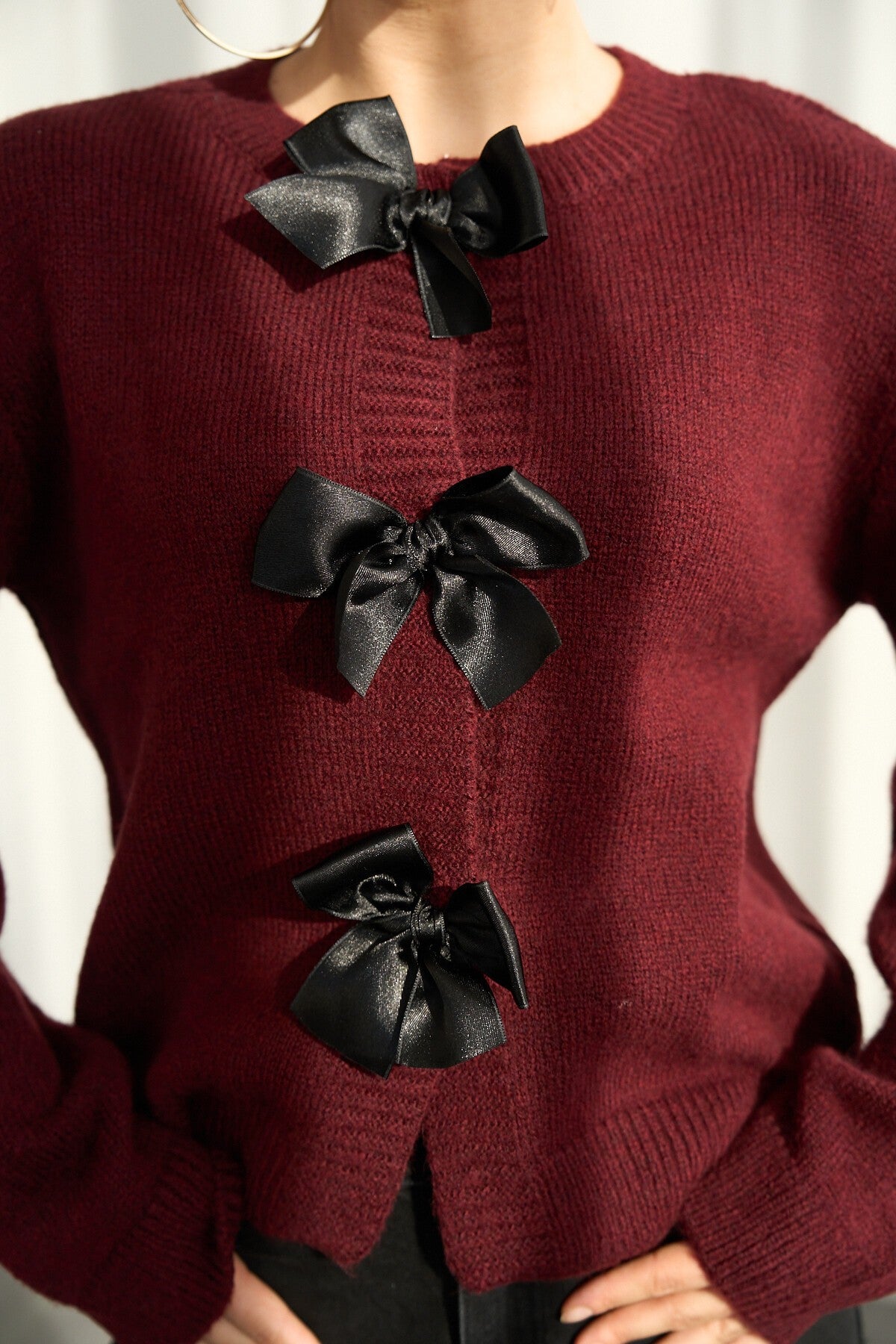 Burgundy Cardigan with Bow Detail