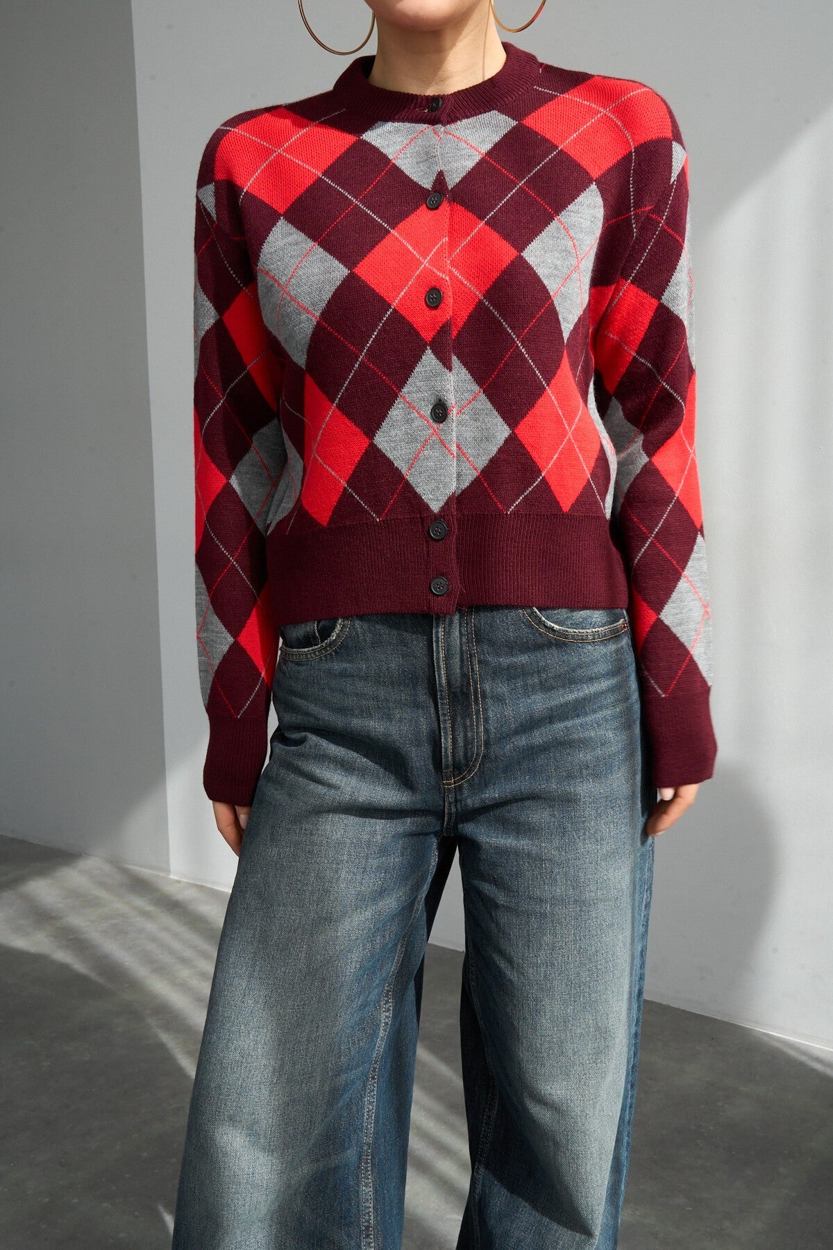 Burgundy-Red Argyle Cardigan