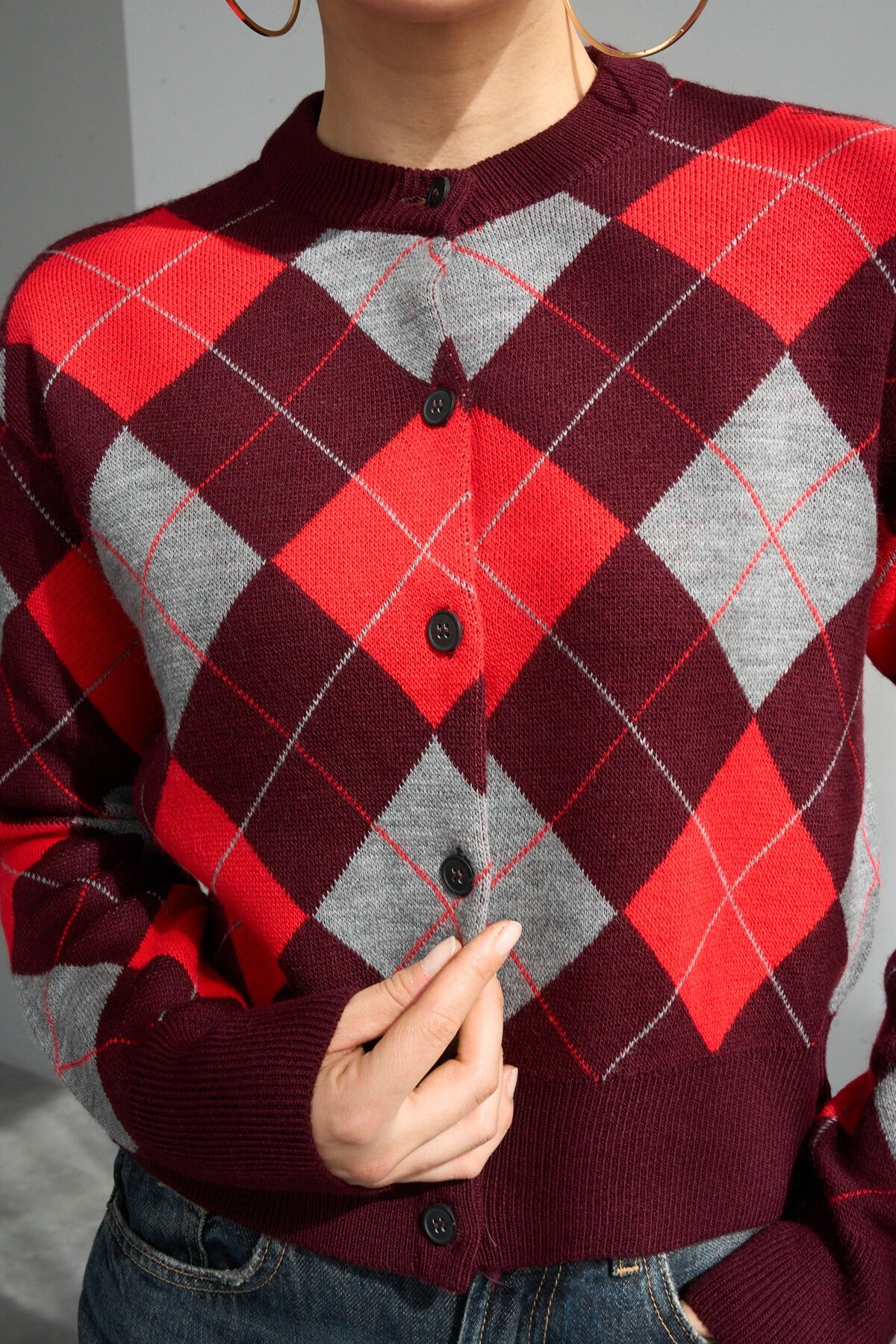Burgundy-Red Argyle Cardigan