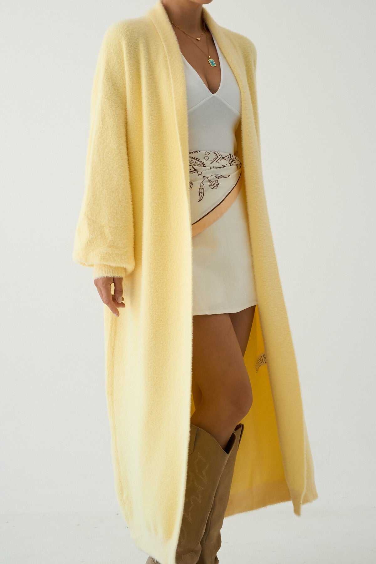 Yellow Full-Length Knit Cardigan