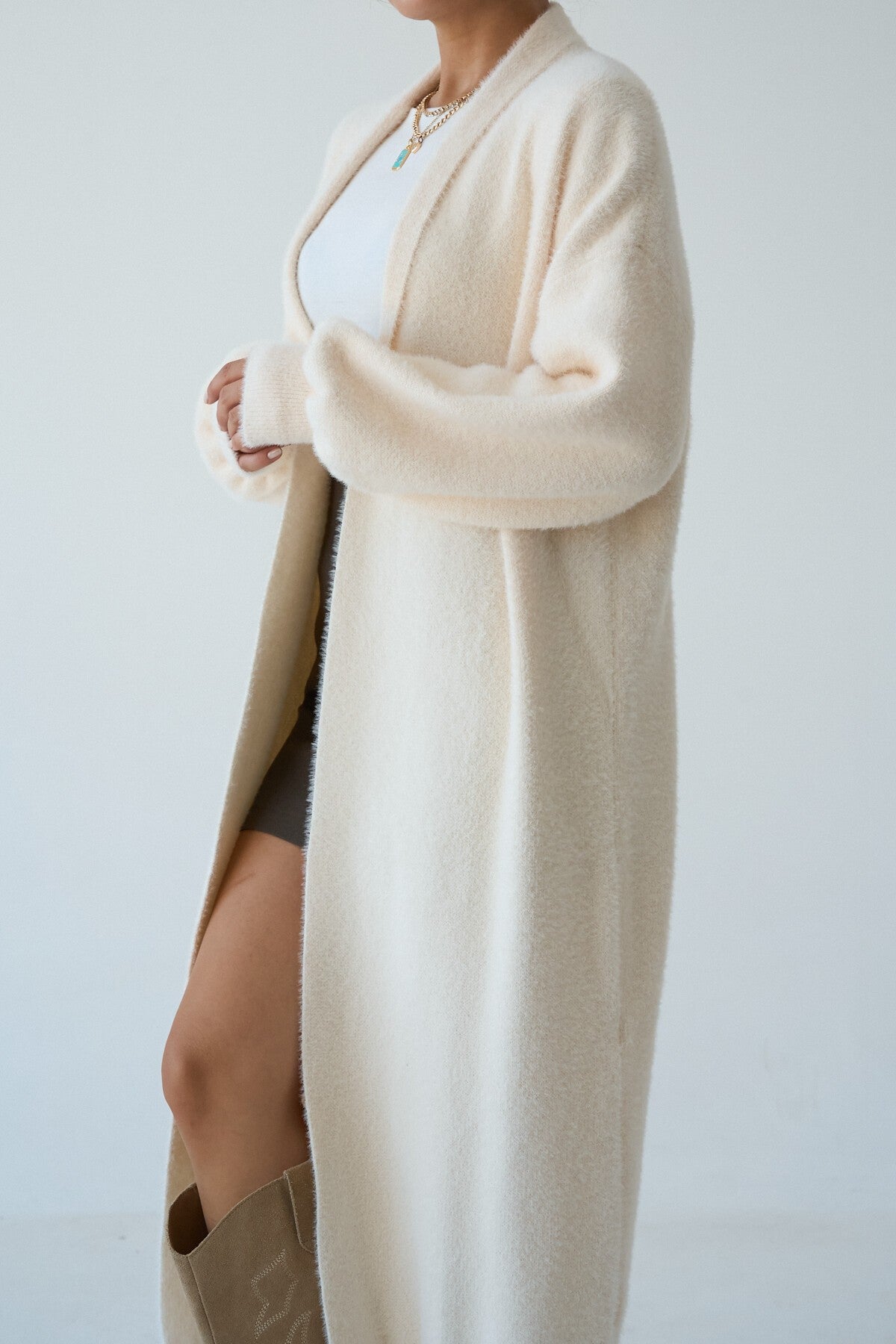 Cream Full-Length Knit Cardigan