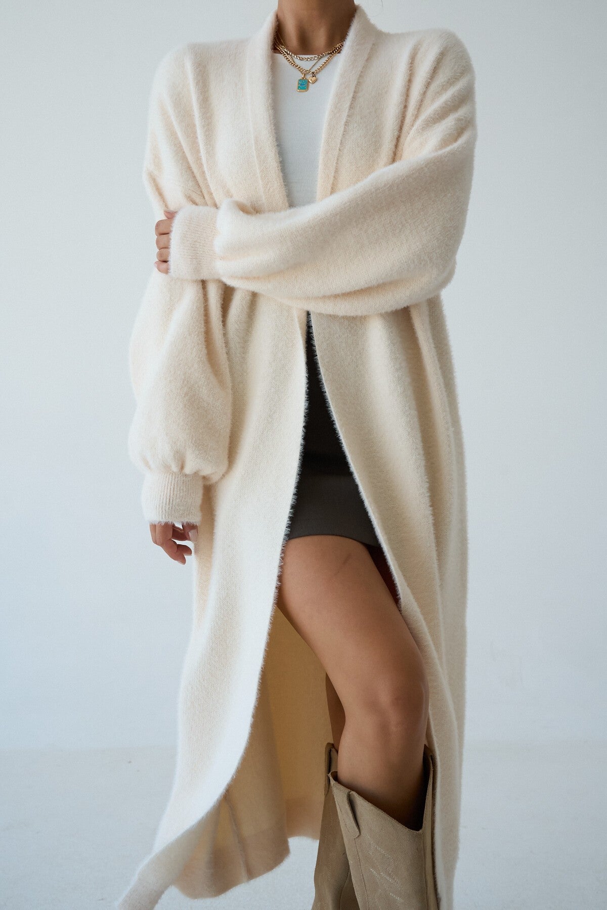 Cream Full-Length Knit Cardigan