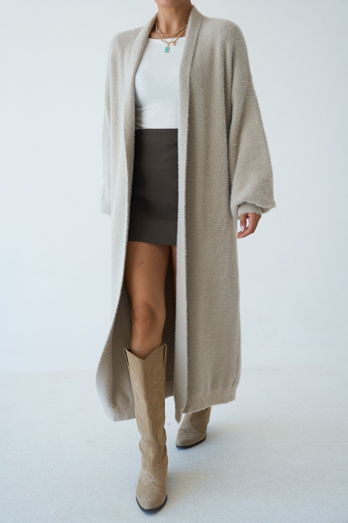 Stone-Colored Full-Length Knit Cardigan