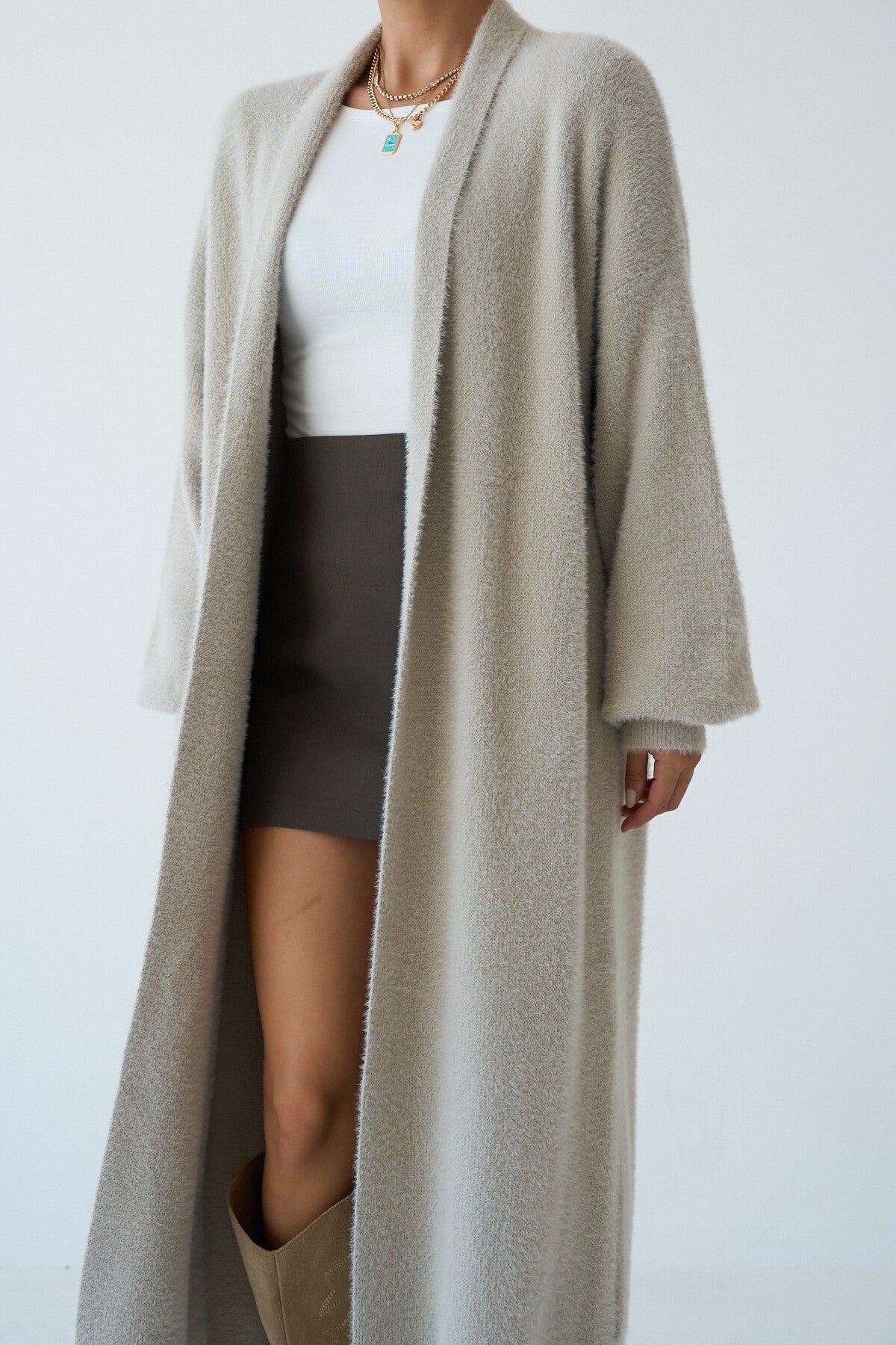 Stone-Colored Full-Length Knit Cardigan