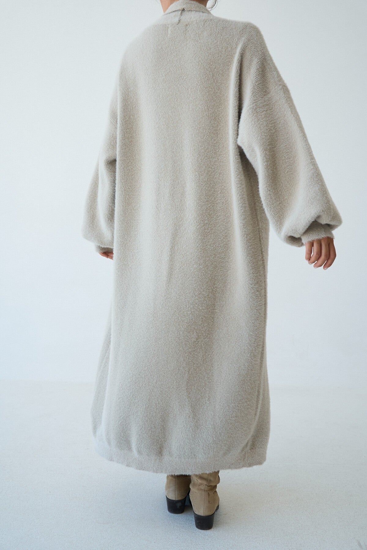 Stone-Colored Full-Length Knit Cardigan