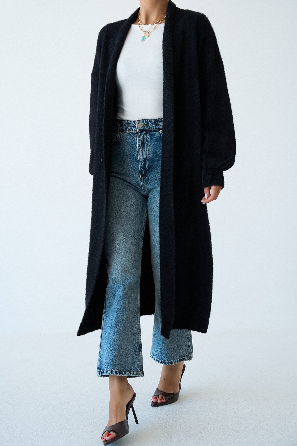 Black Full-Length Knit Cardigan