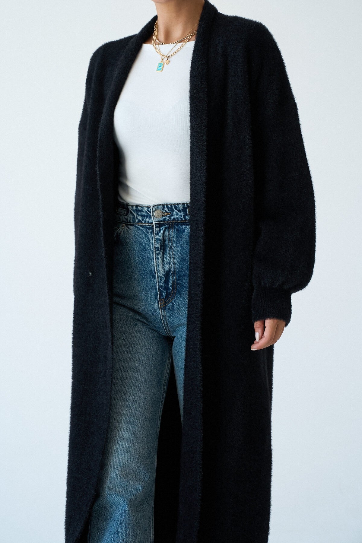 Black Full-Length Knit Cardigan