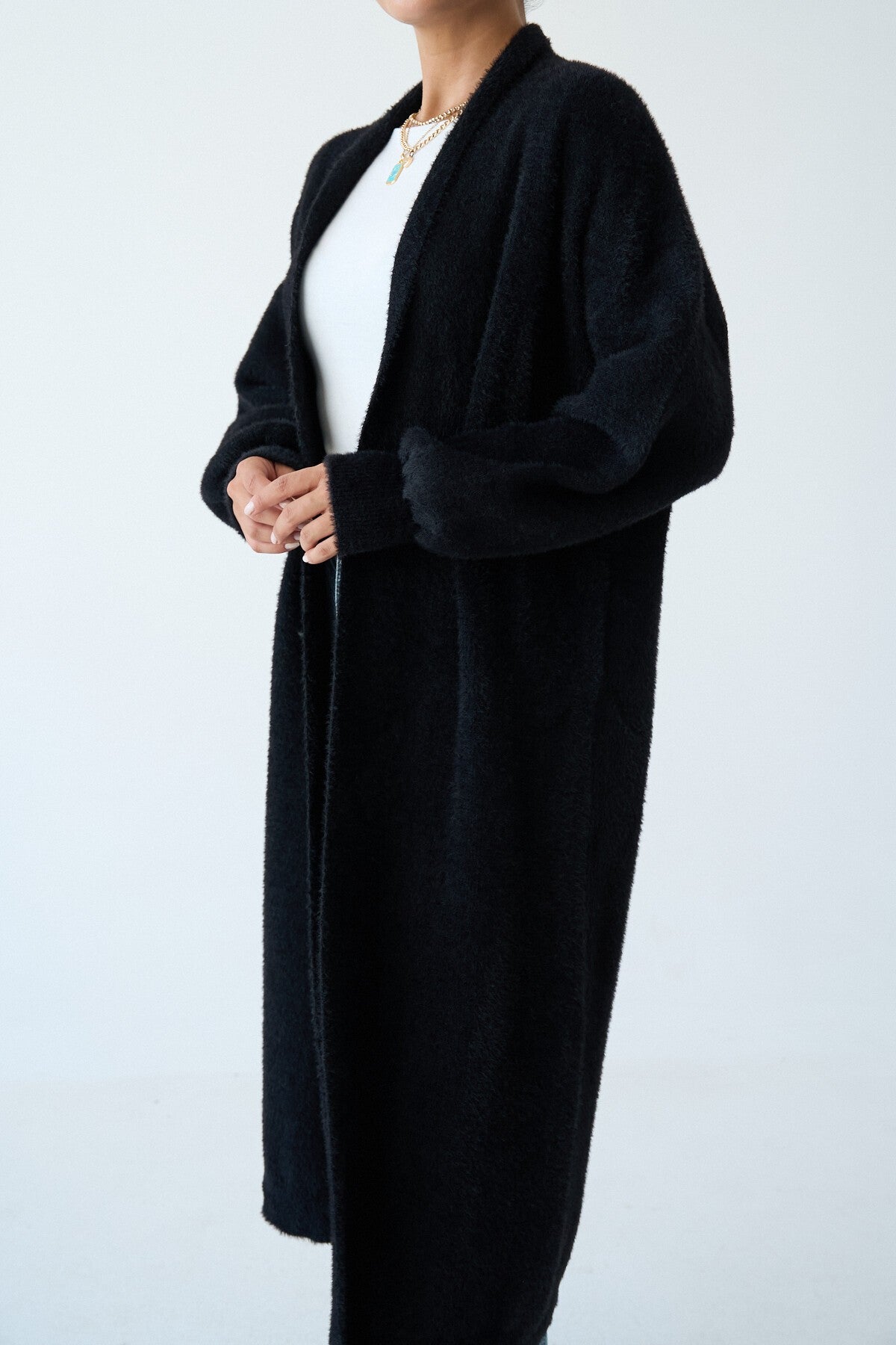 Black Full-Length Knit Cardigan