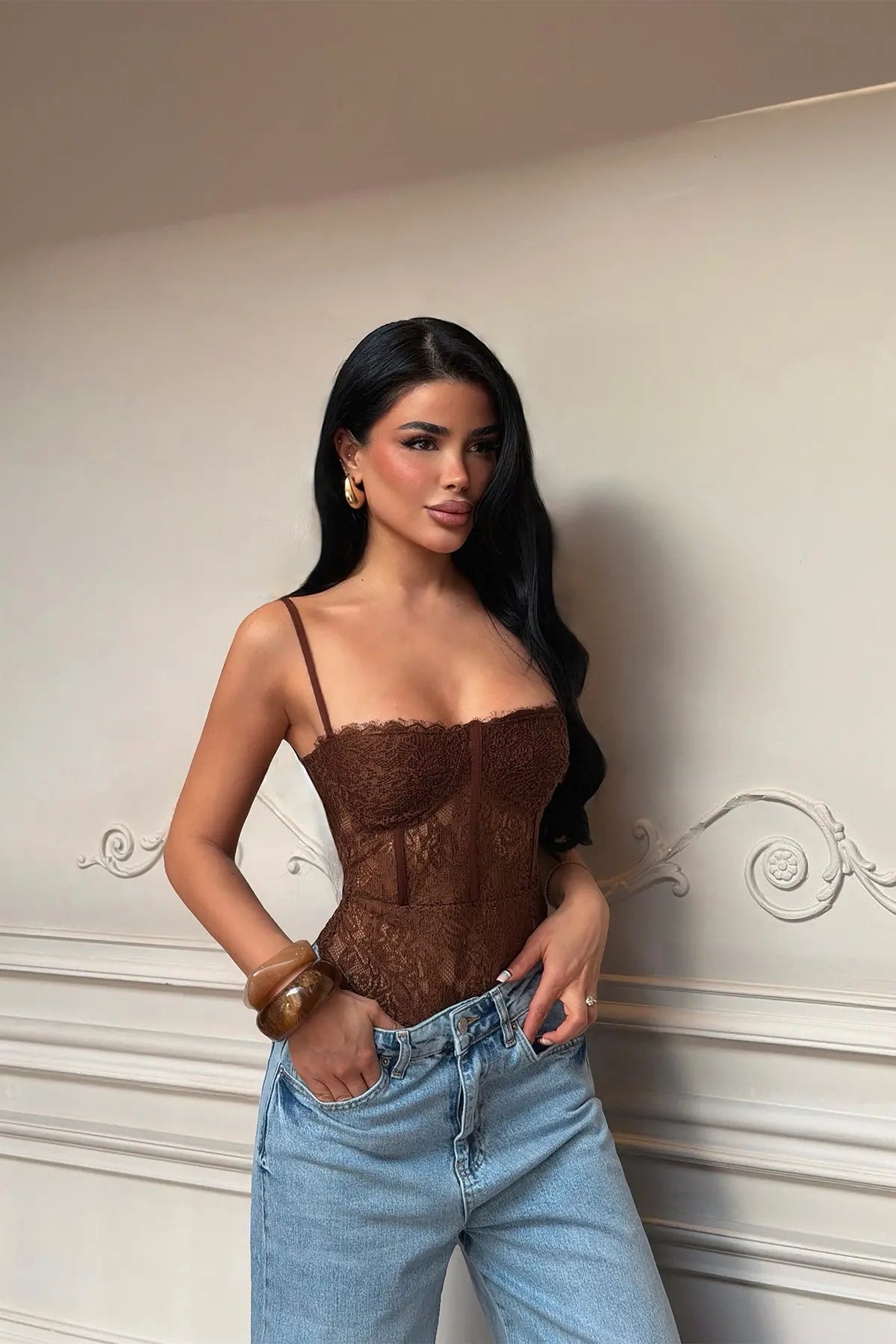 Kahverengi Brigitta Dantelli Bodysuit