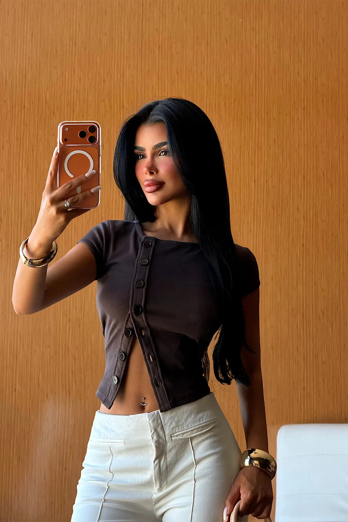 Kahverengi Düğme Detay Crop Top