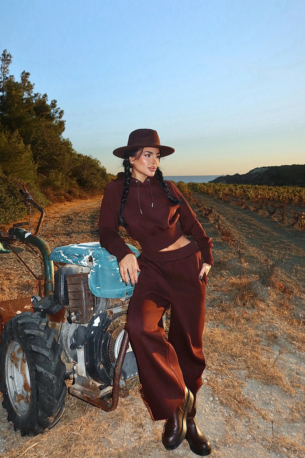 Kahverengi Scarf Kapşonlu Eşofman Takım