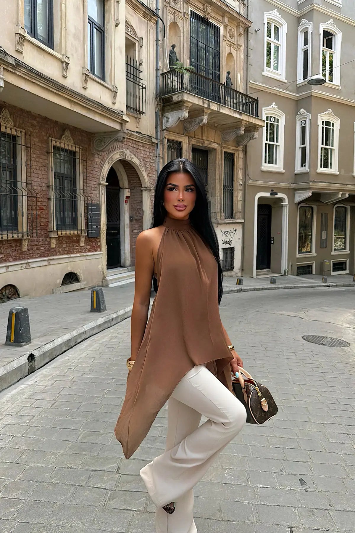 Kahverengi Tül Detay Crop Top
