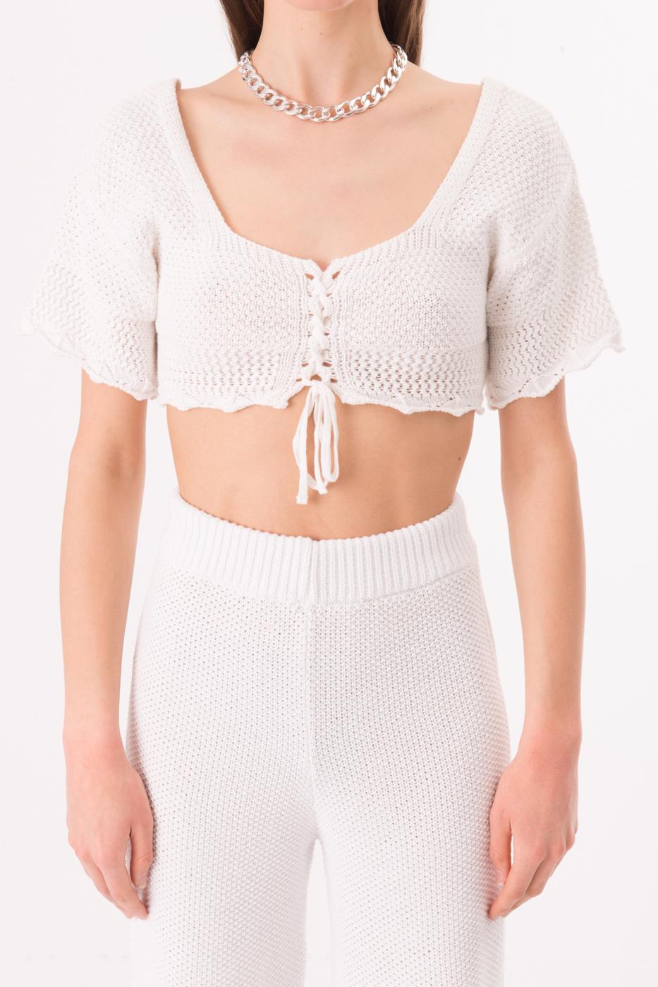 Short Sleeve Front Tie Knit Crop Top