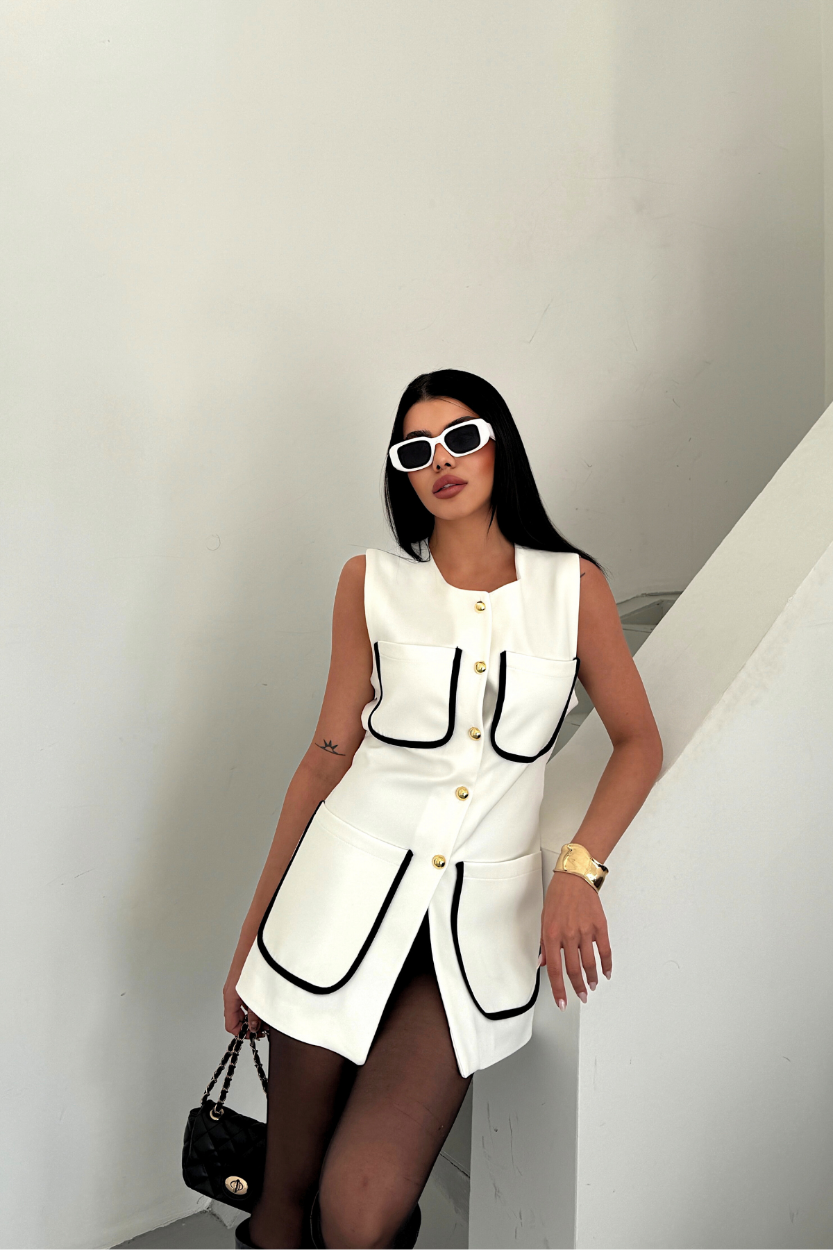 BÜYÜK CEP BİYE DETAYLI YELEK - Beyaz