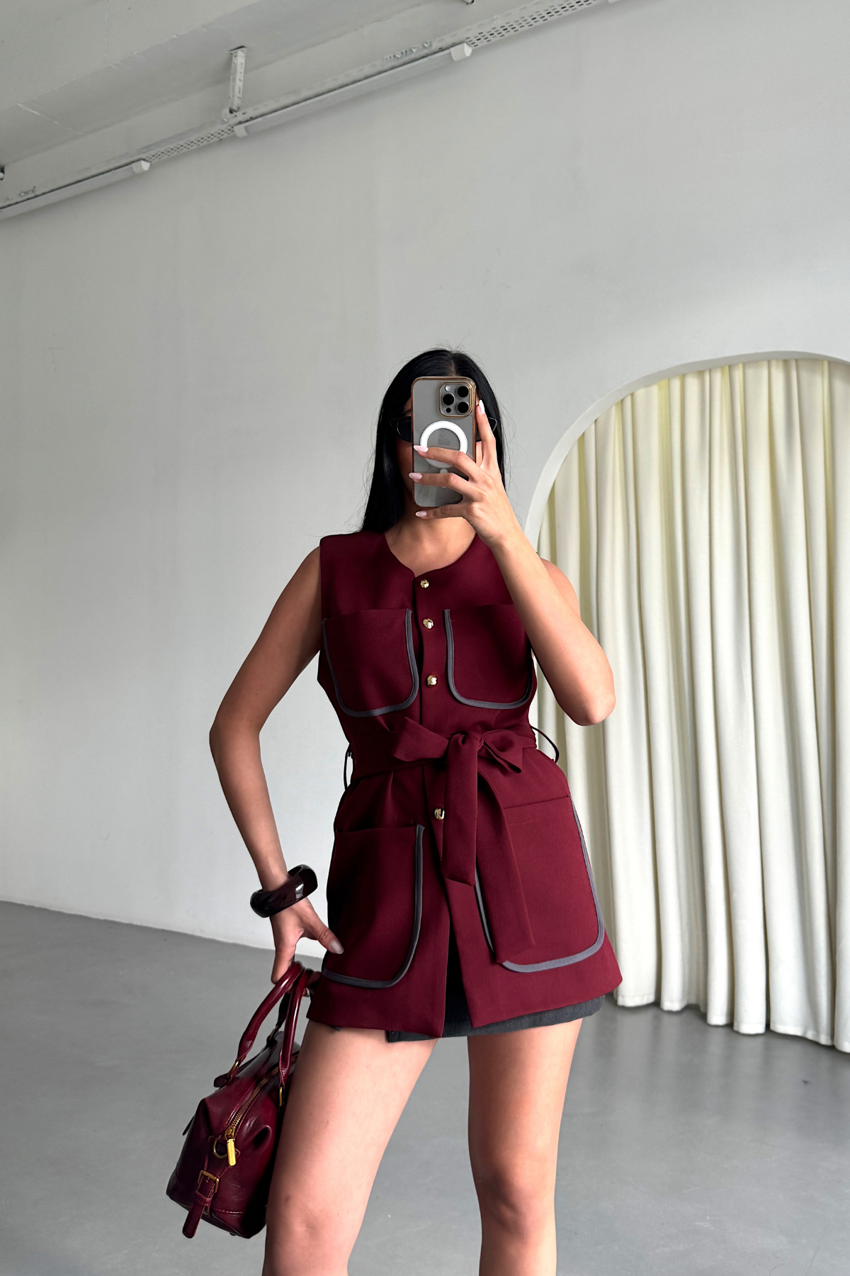 BÜYÜK CEP BİYE DETAYLI YELEK - Bordo