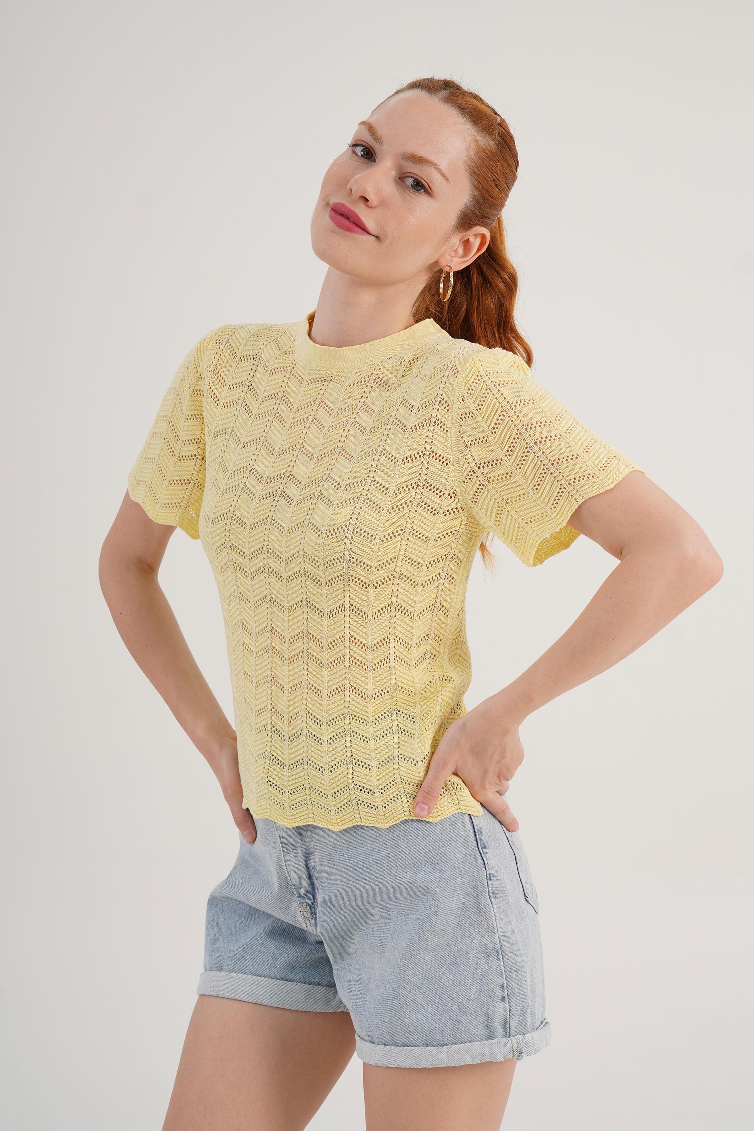 Örgü Model Kısa Kol Toptan Sarı Triko Bluz